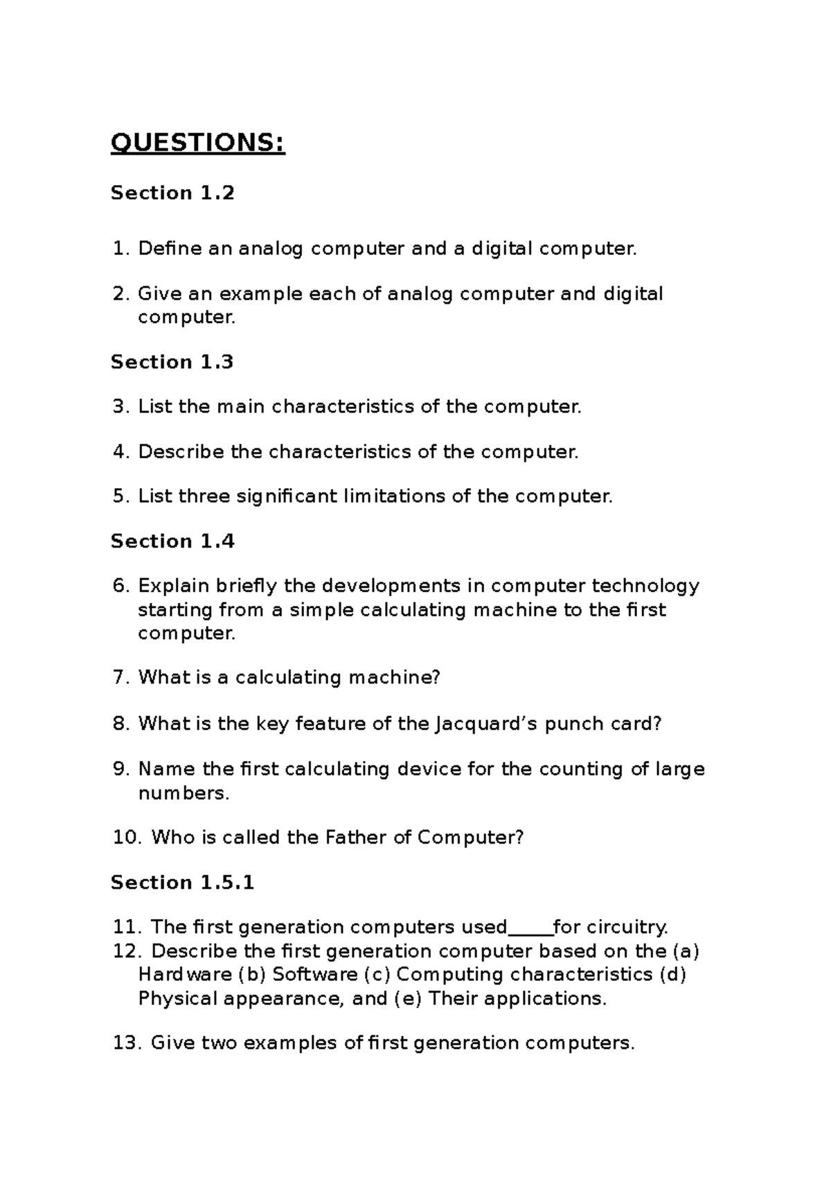 Questions - QUESTIONS: Section 1. Define an analog computer and a ...