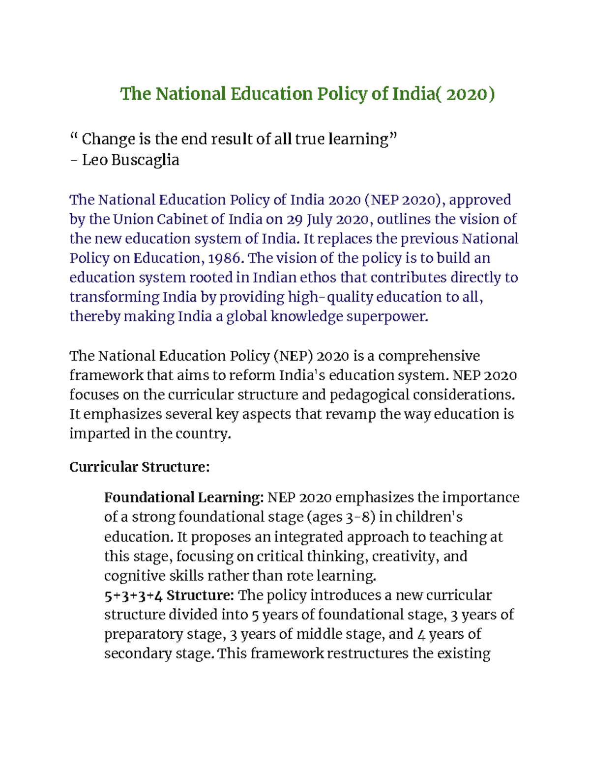 NEP 20 - The National Education Policy of India( 2020) “ Change is the ...