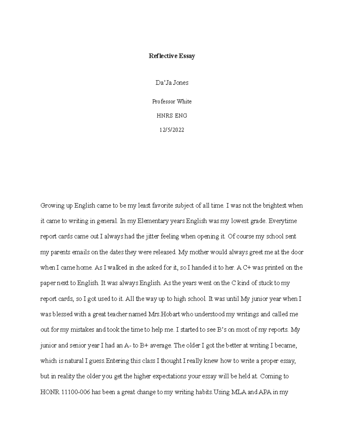 class reflection essay sample