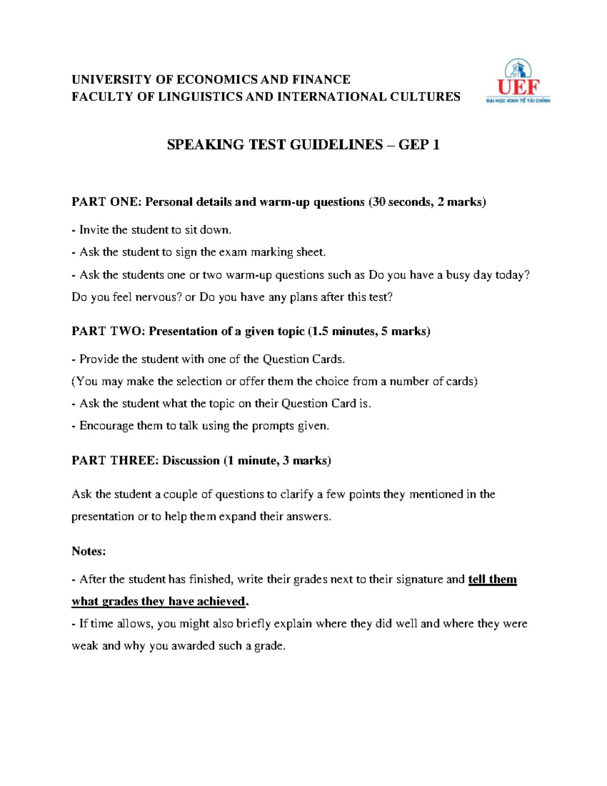 GEP 1 speaking test guidelines - UNIVERSITY OF ECONOMICS AND FINANCE ...