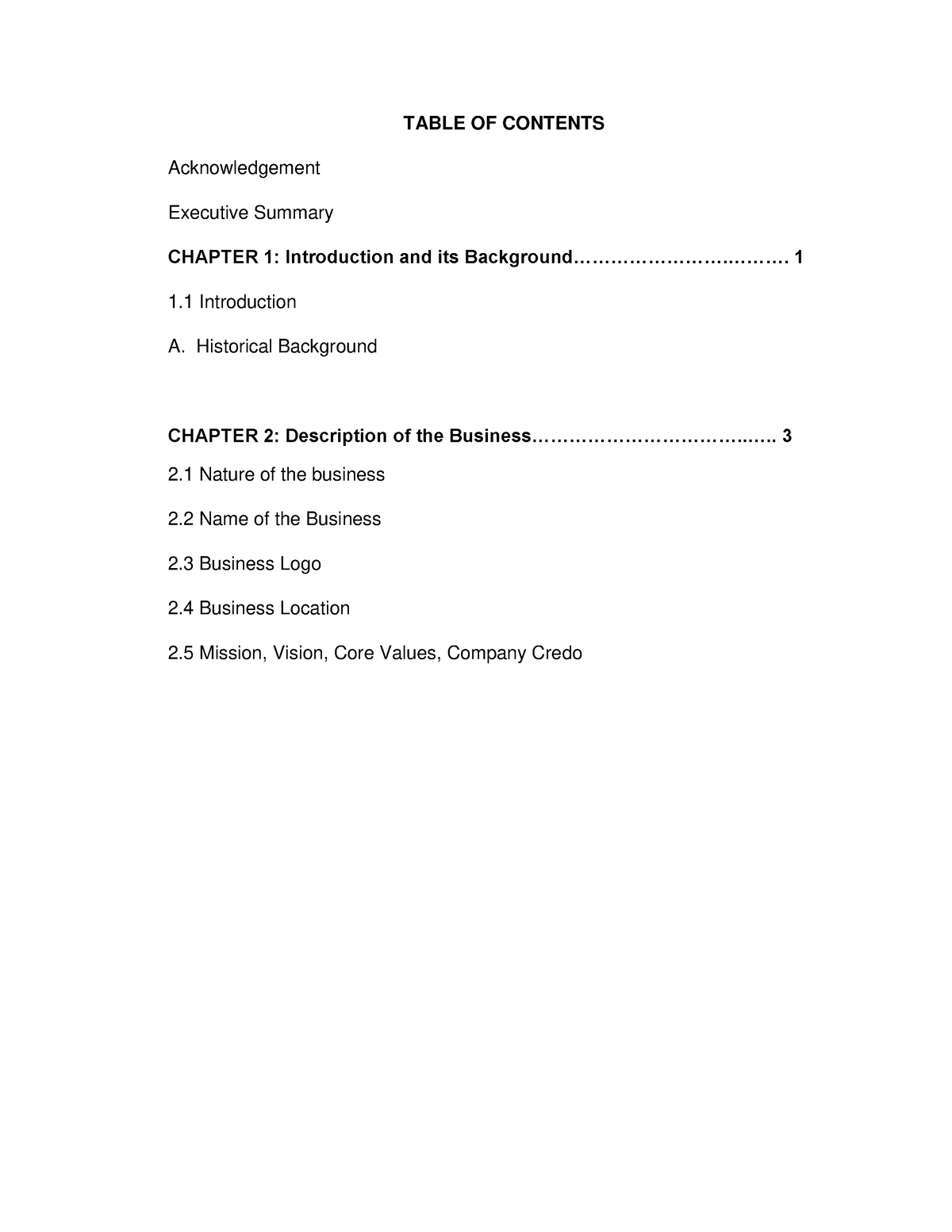 business plan chapter 1 sample