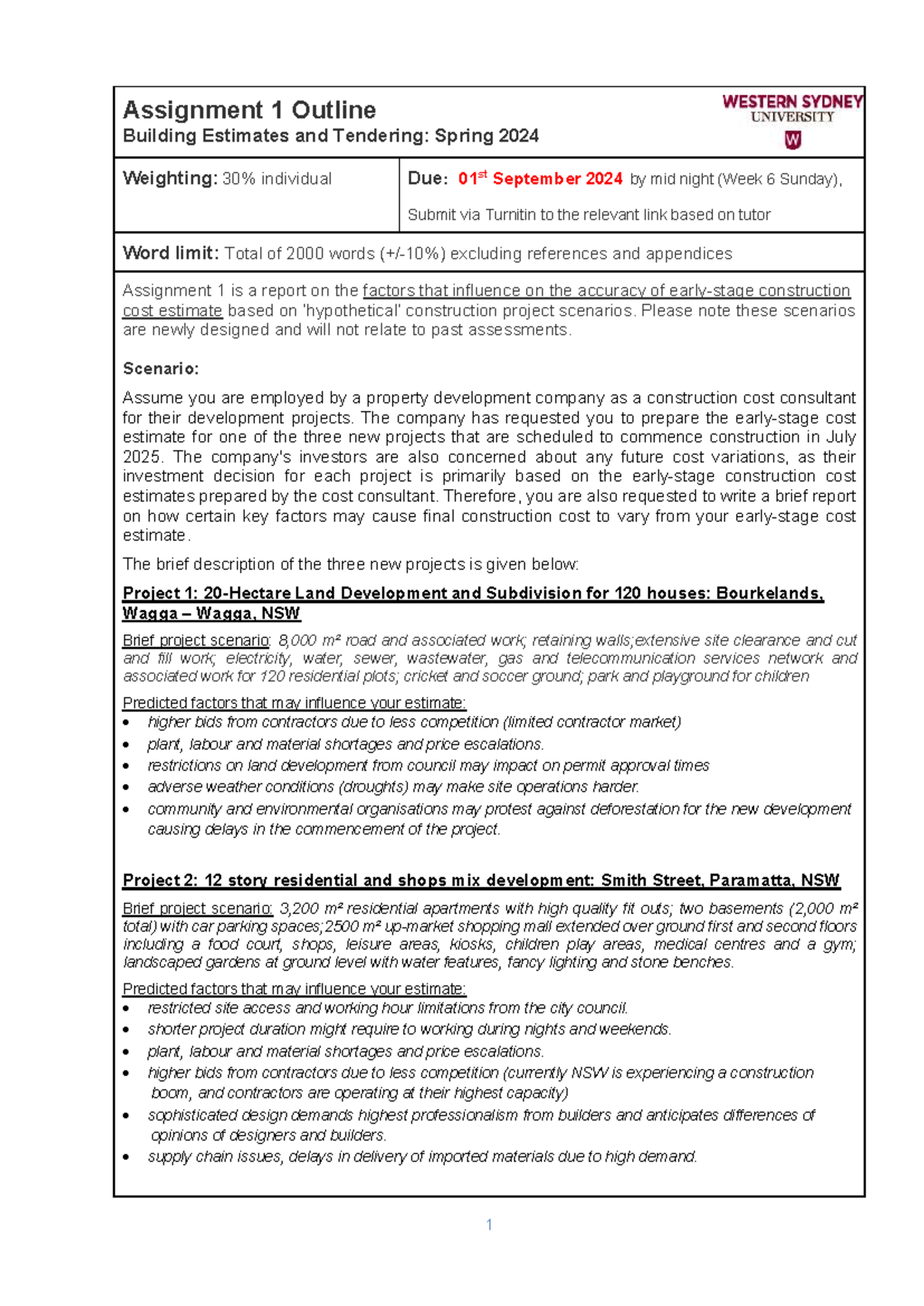 Assignment 1 outline 2024 - Assignment 1 Outline Building Estimates and ...