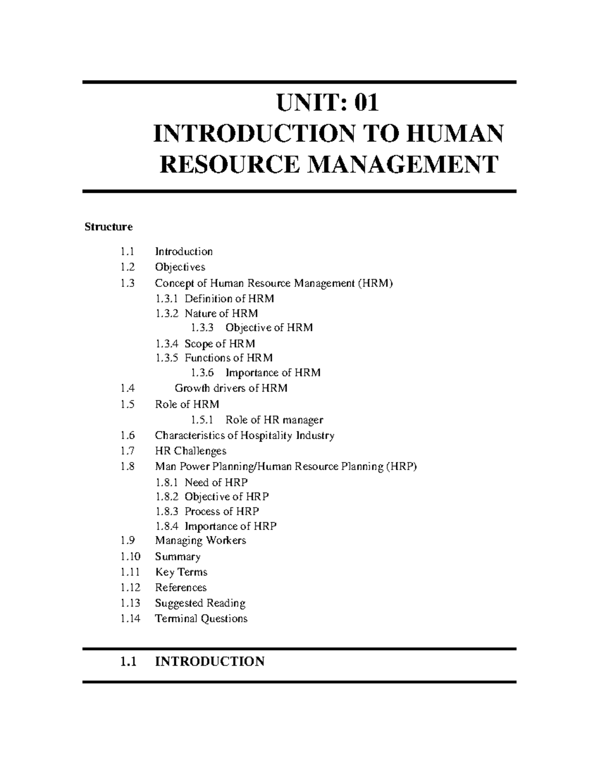 BHM P1 - INTRODUCTION TO HUMAN RESOURCE MANAGEMENT - UNIT: 01 ...