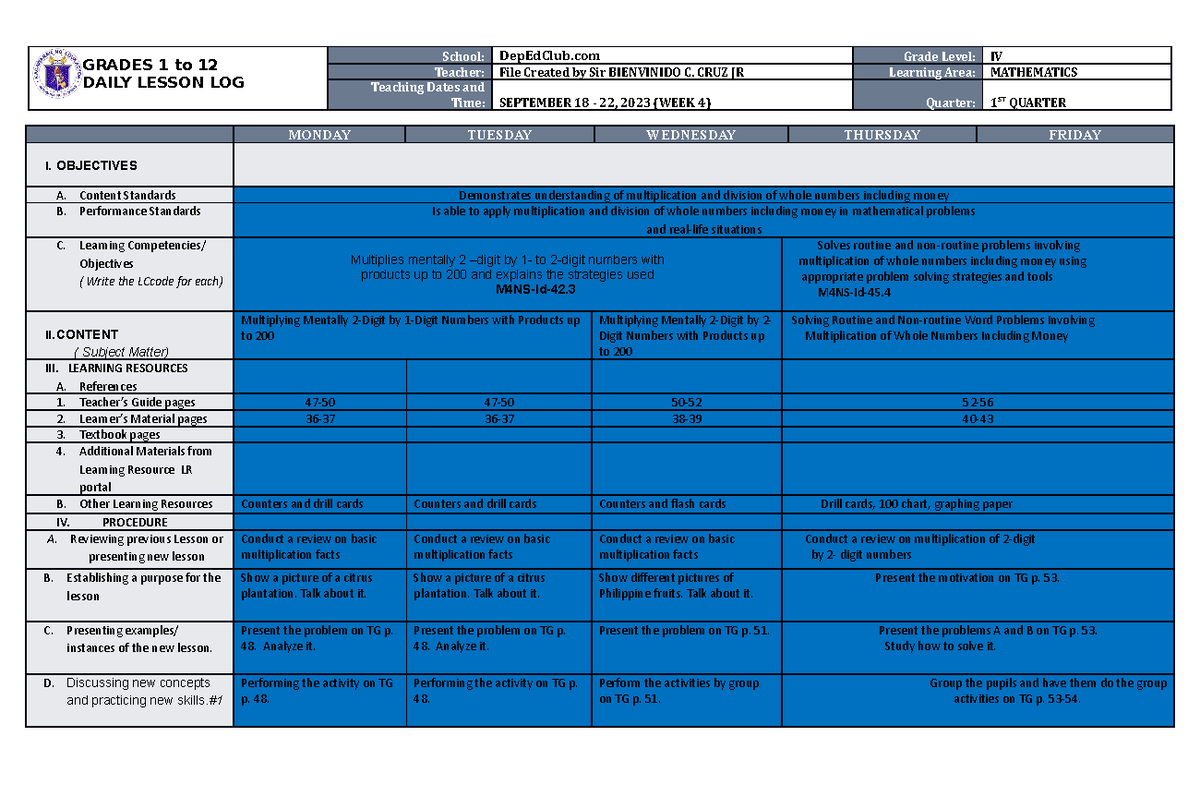 DLL Mathematics 4 Q1 W4 - vhjb - GRADES 1 to 12 DAILY LESSON LOG School ...