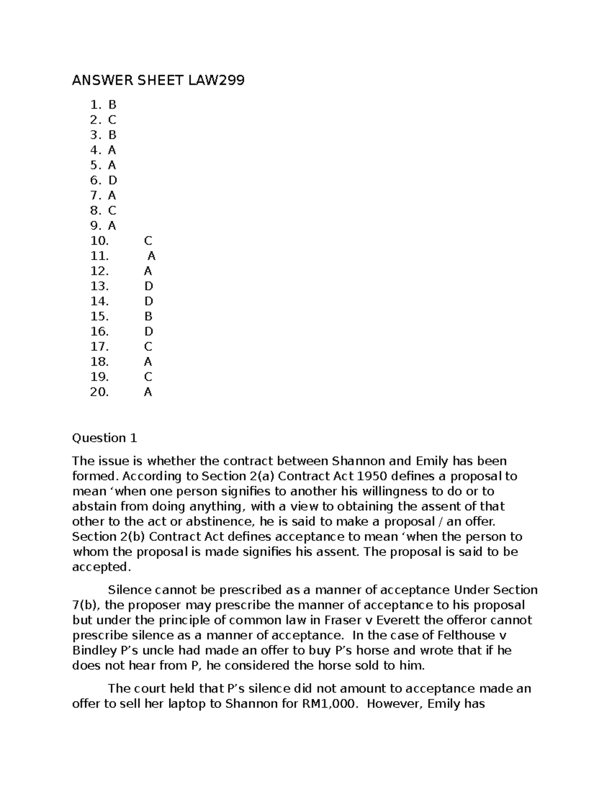 Answer Sheet LAW299 - ANSWER SHEET LAW 1. B 2. C 3. B 4. A 5. A 6. D 7 ...