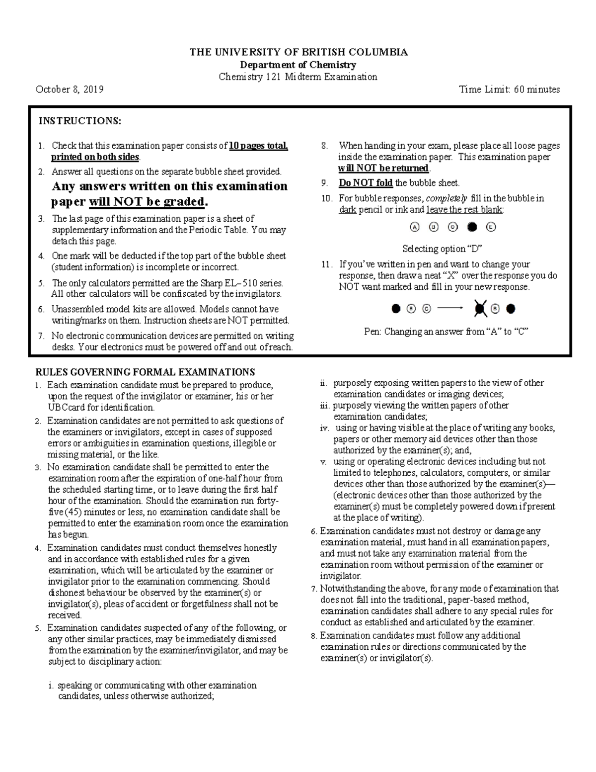 Sample CHEM 121 Midterm Exam - THE UNIVERSITY OF BRITISH COLUMBIA ...