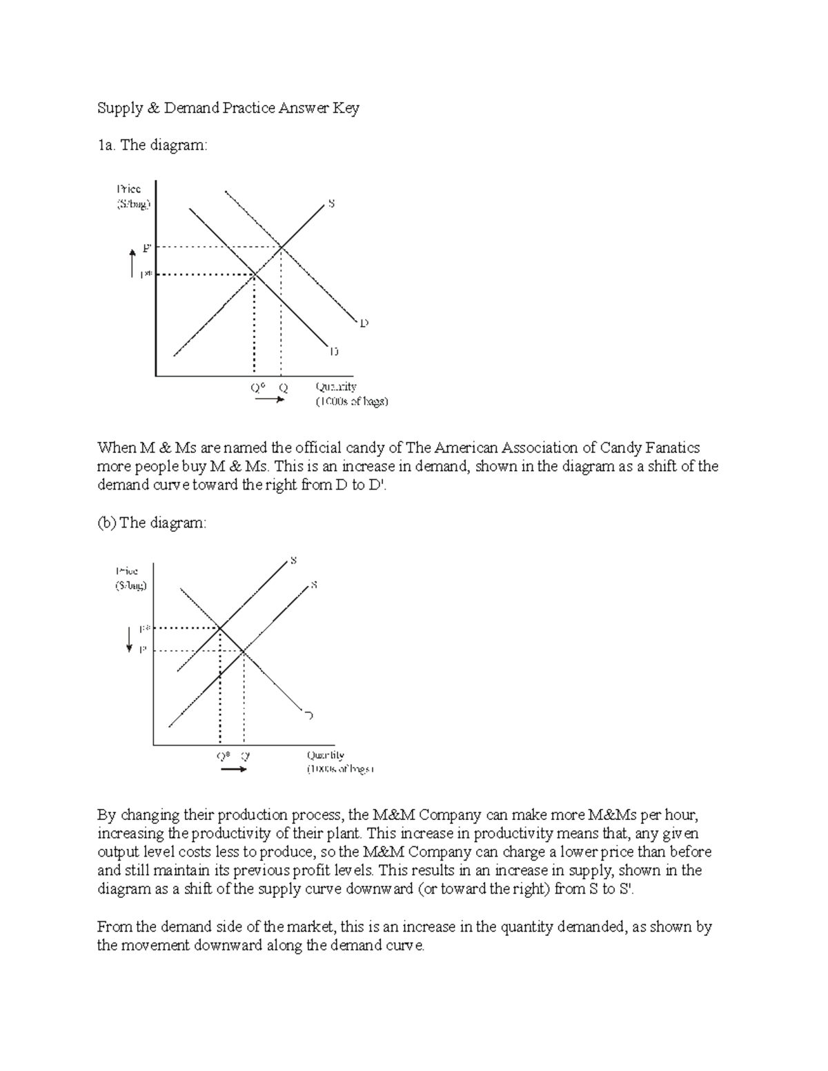 S&D Practice Answer Key - Supply & Demand Practice Answer Key 1a. The ...