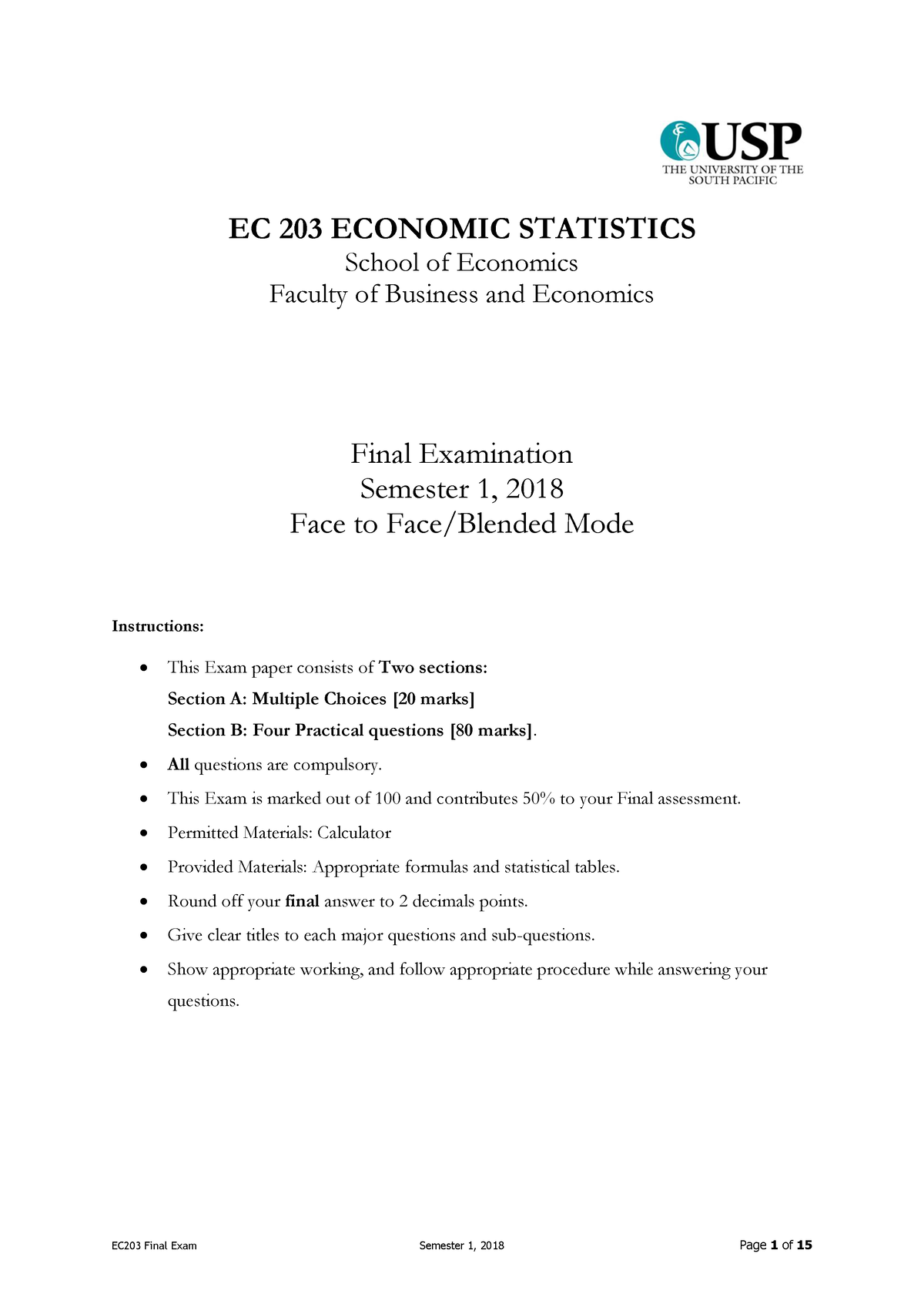 EC203 Exam - Practice - EC 203 ECONOMIC STATISTICS School Of Economics ...