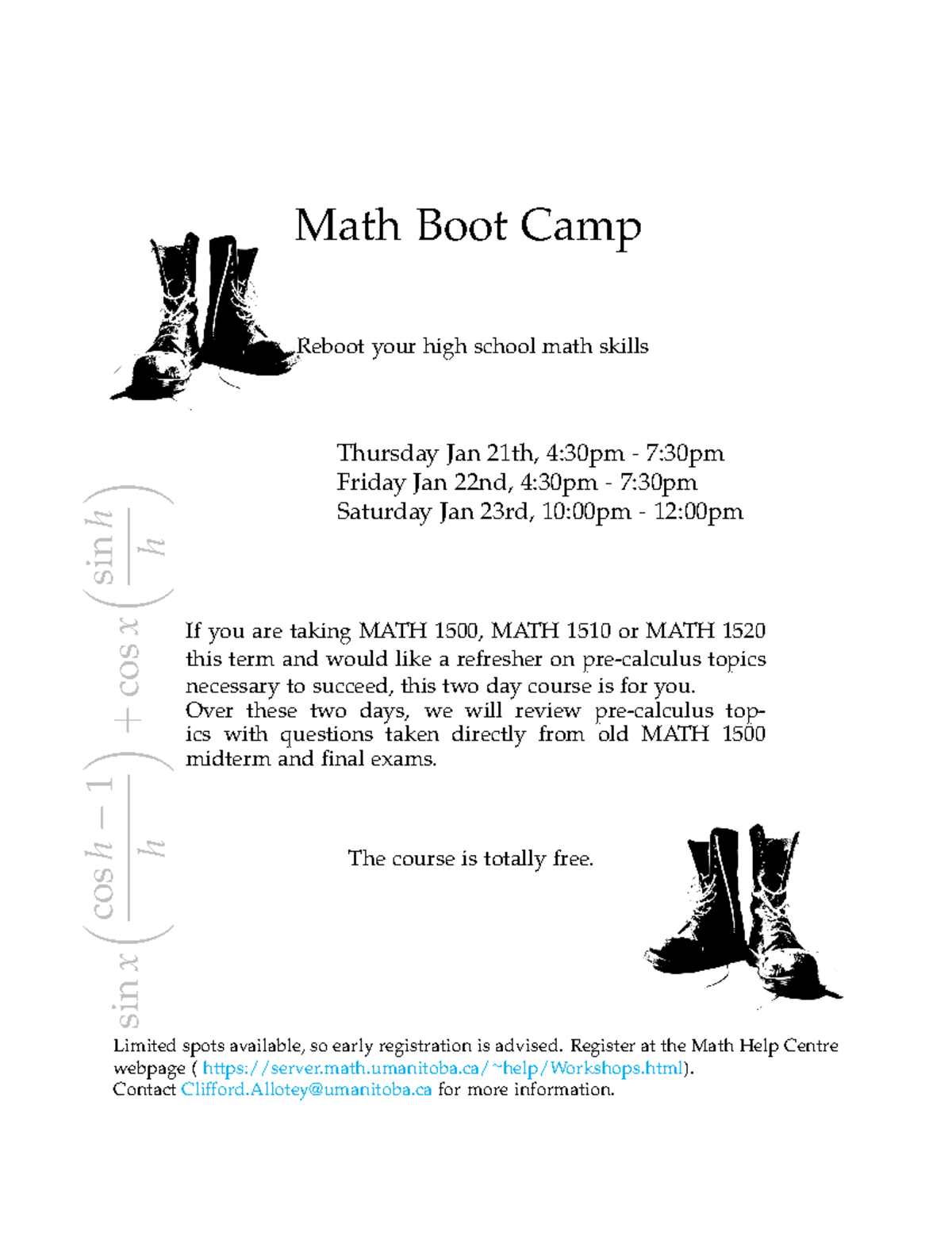 Math Bootcamp Poster - note - sin x ( cos h − 1 h ) + cos x ( sin h h ...