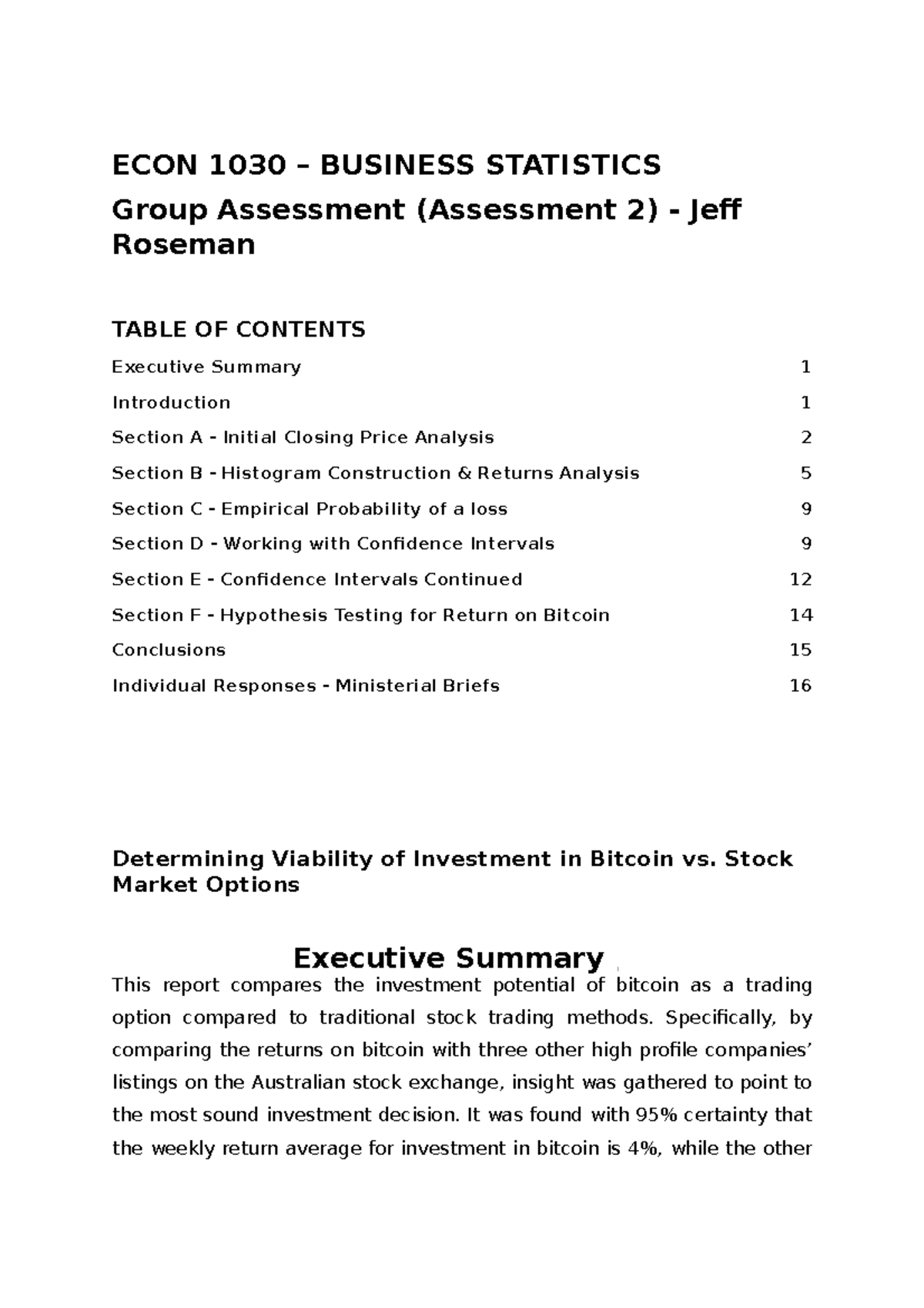 ECON 1030- Business Statistics 1 Report + Ministerial Briefs - ECON ...
