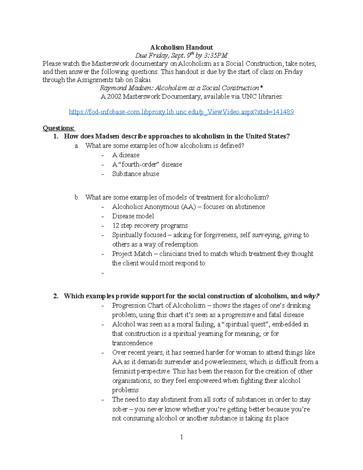 Alcoholism Handout - Alcoholism Handout Due Friday, Sept. 9th by 3:35PM ...