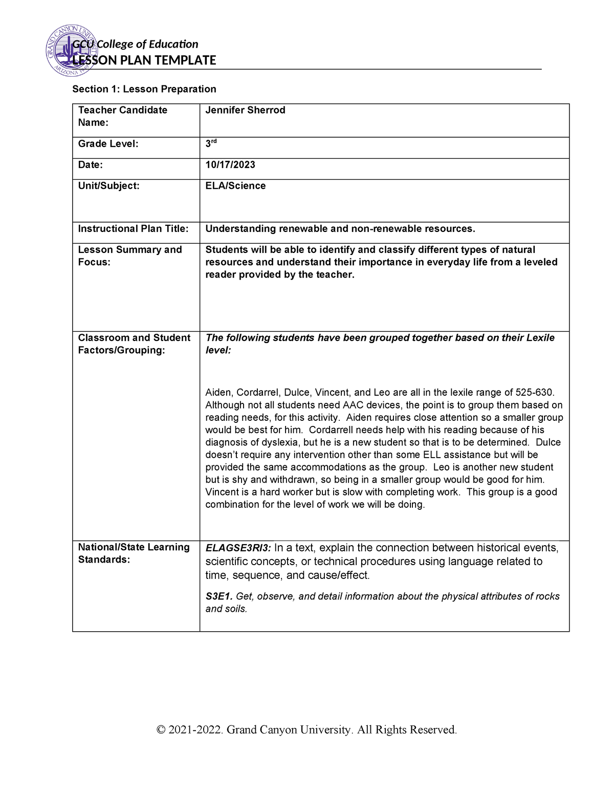 Week 5 Benchmark - LESSON PLAN TEMPLATE Section 1: Lesson Preparation ...