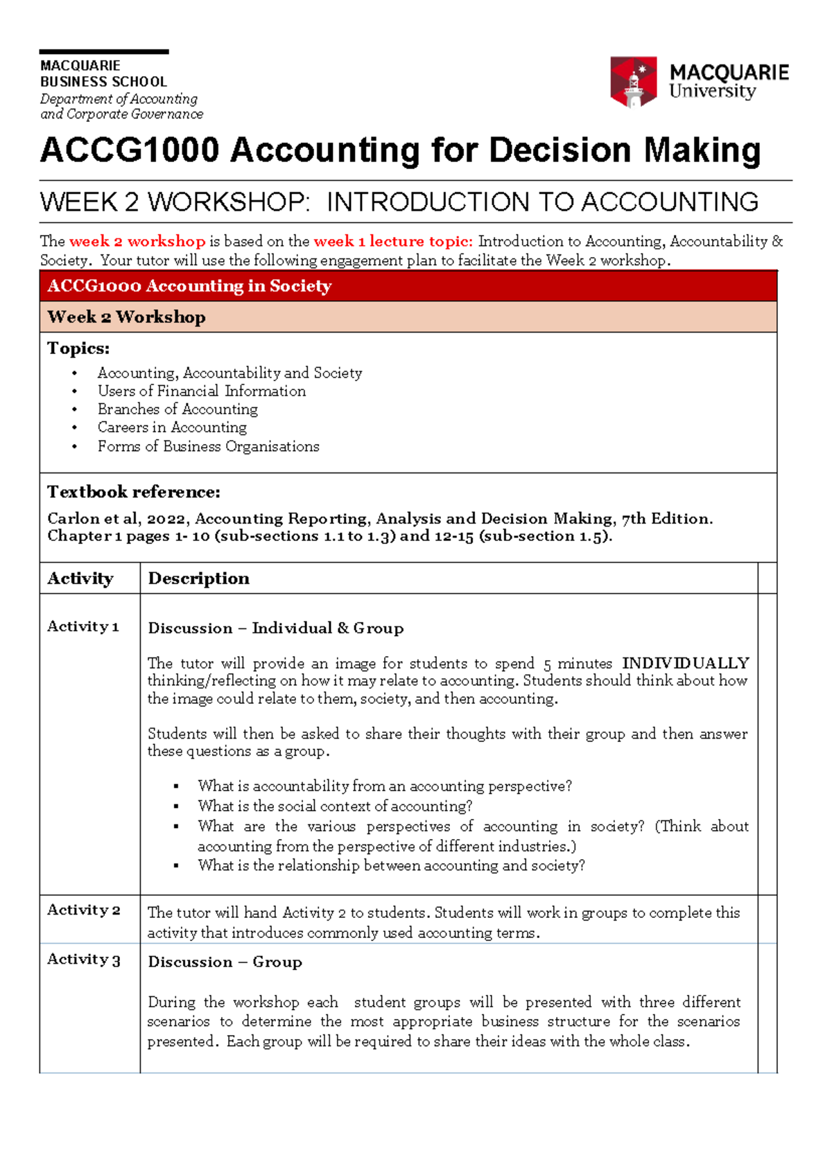 Week 2 Tutorial student version - MACQUARIE BUSINESS SCHOOL Department ...
