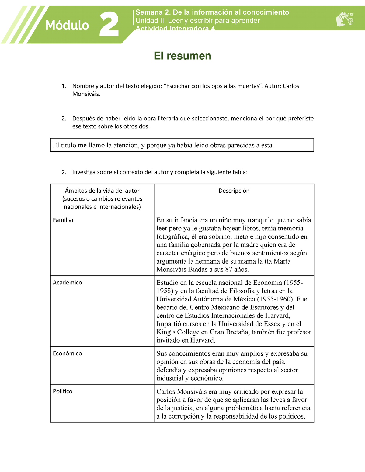 Actividad integradora 4 modulo 2 - El resumen Nombre y autor del texto