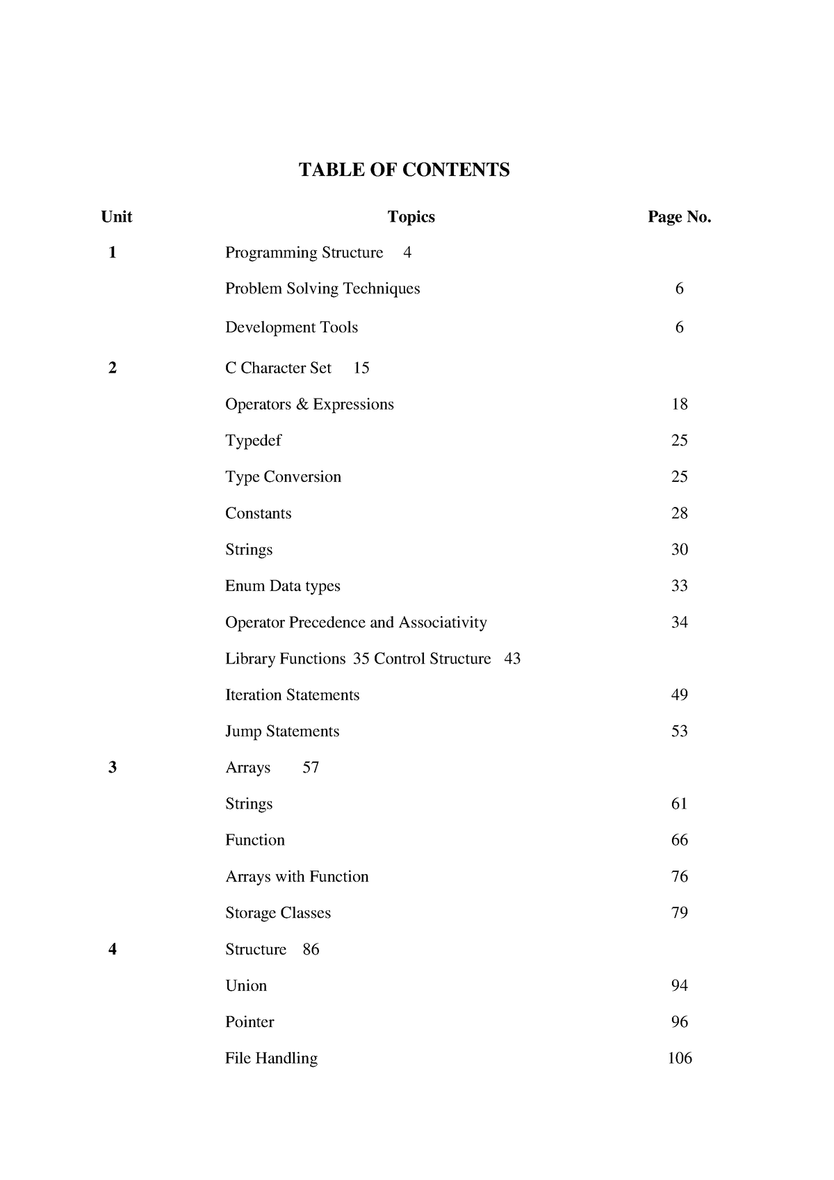 C Programming - TABLE OF CONTENTS 1 Programming Structure Unit Topics ...