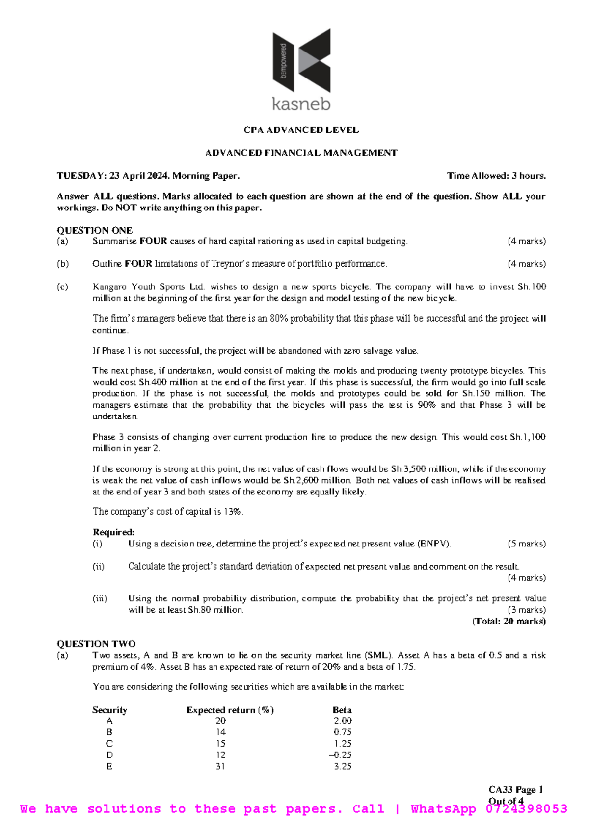 AFM 2015 - Apr 2024 Past Papers - CA33 Page 1 Out of 4 CPA ADVANCED ...