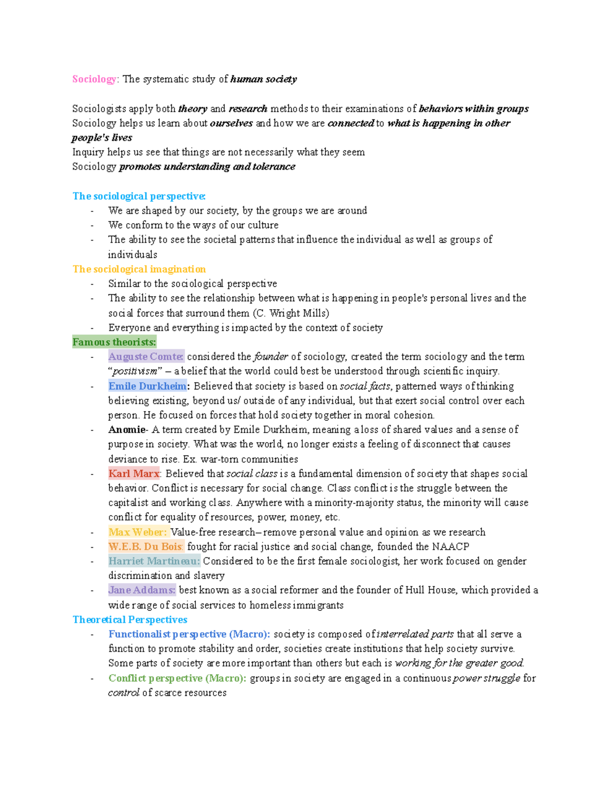 Sociology Notes ch 1 - Sociology: The systematic study of human society ...