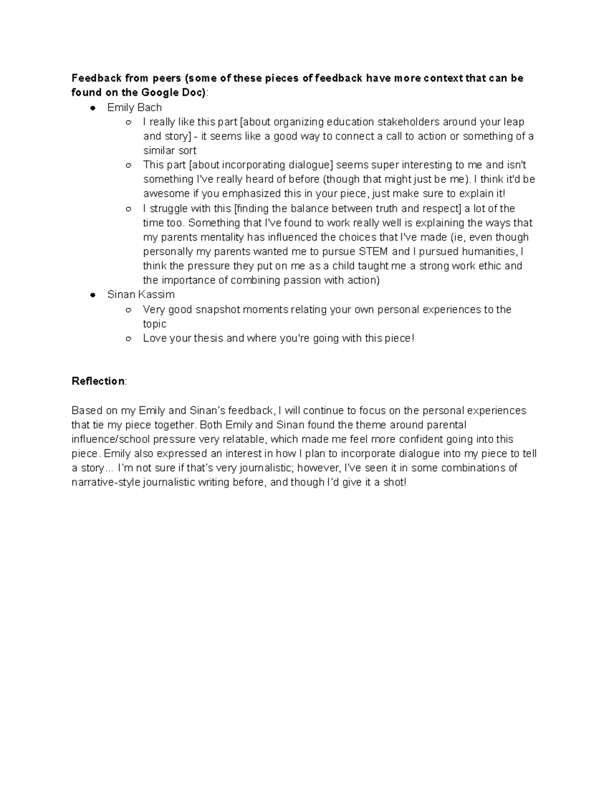 9 12 Peer Edit Notes - Feedback from peers (some of these pieces of ...