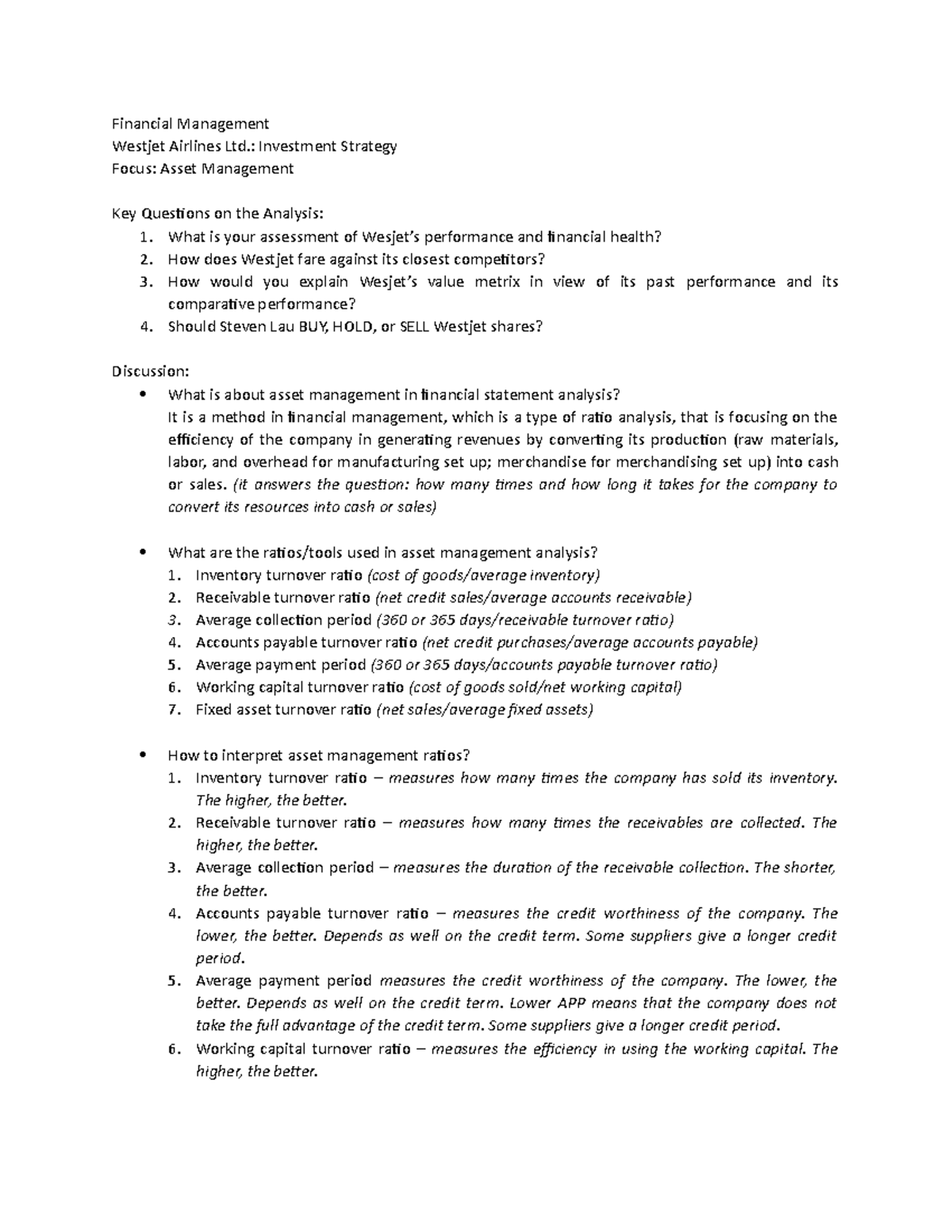 Financial Management (westjet Airline Ltd) - : Investment Strategy 