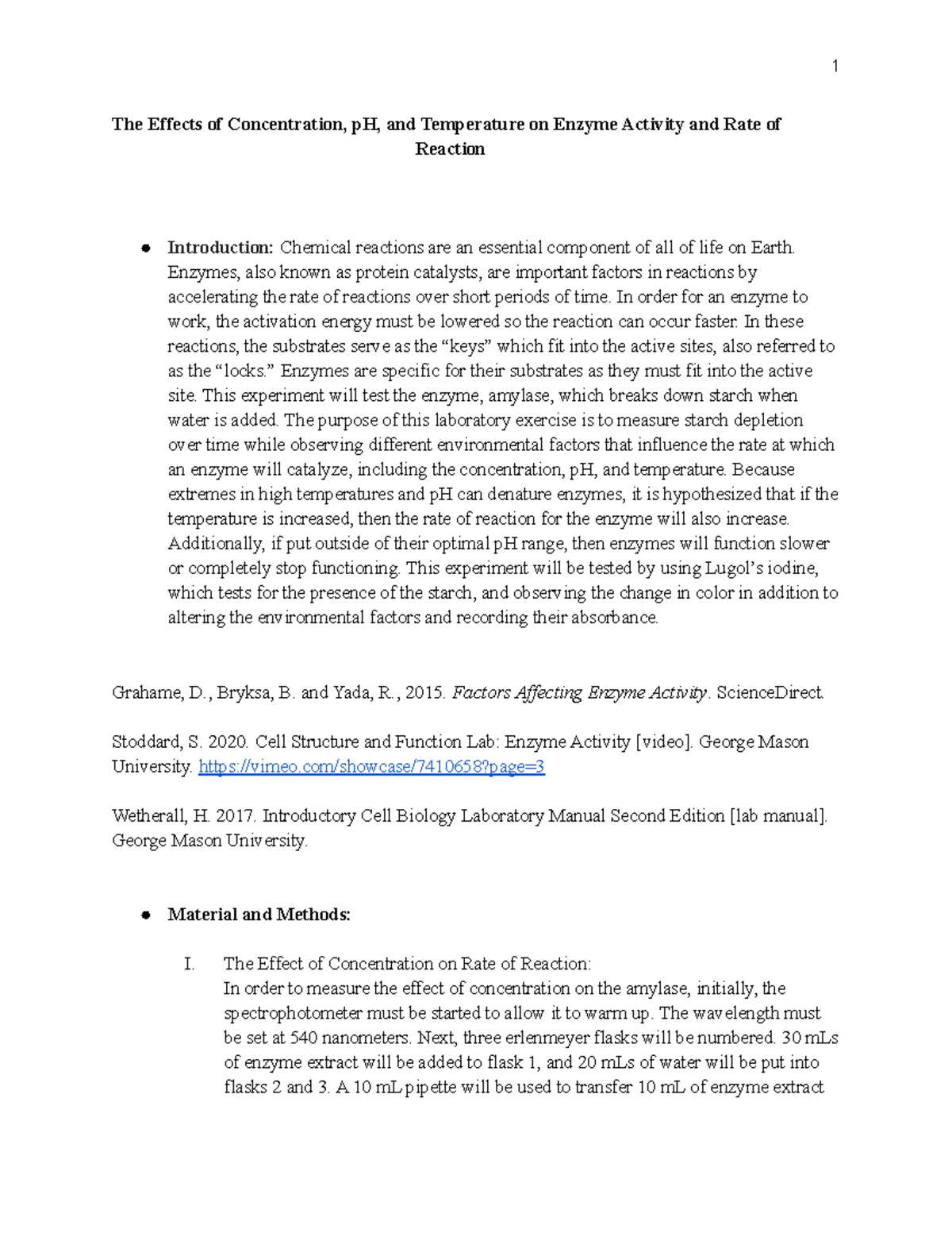 Bio 213 Lab Enzymes GMU Biology213 Lab report 1 The Effects of