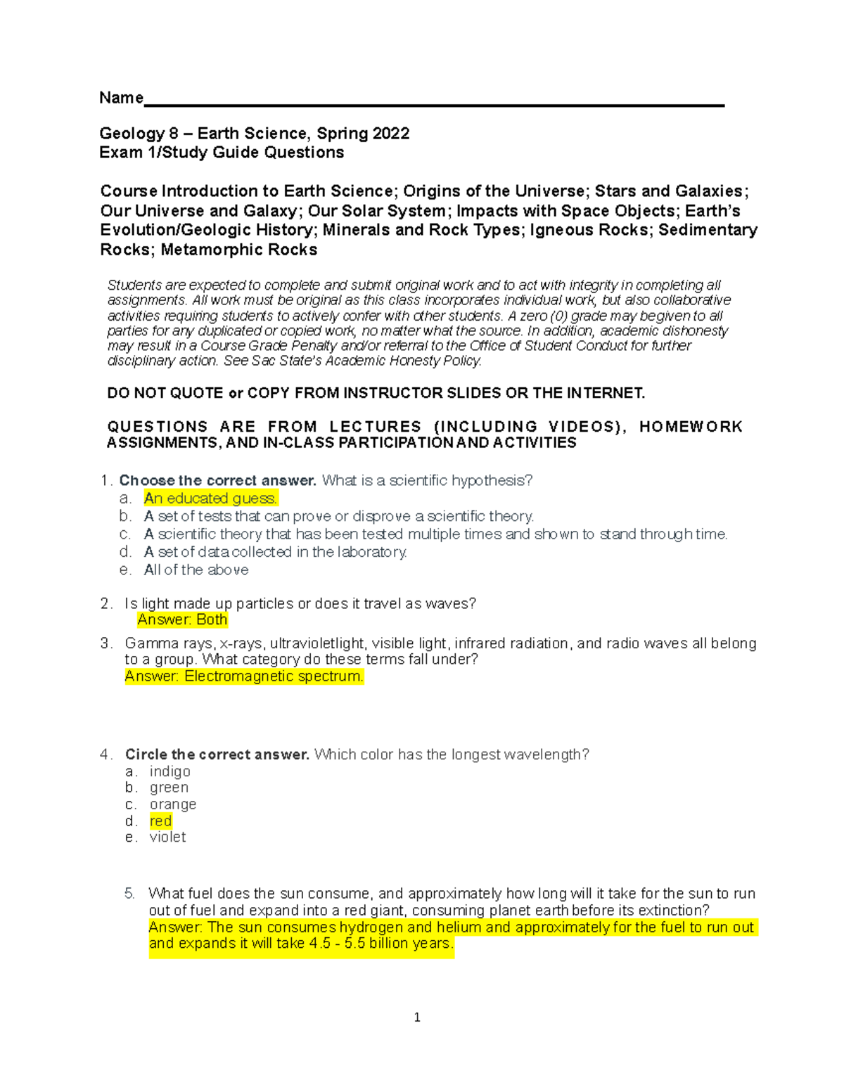 Geology Exam 1 its good Name Geology 8 Earth Science, Spring