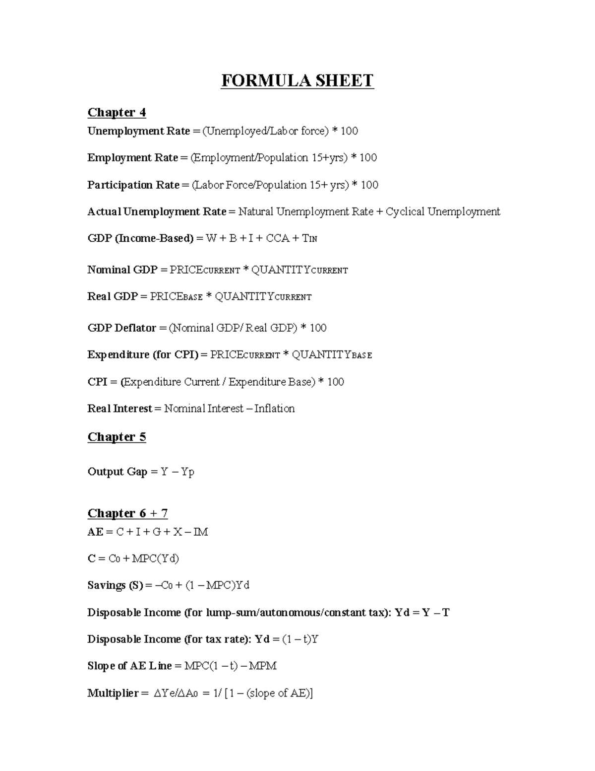 Formula Sheet - 203 - FORMULA SHEET Chapter 4 Unemployment Rate ...