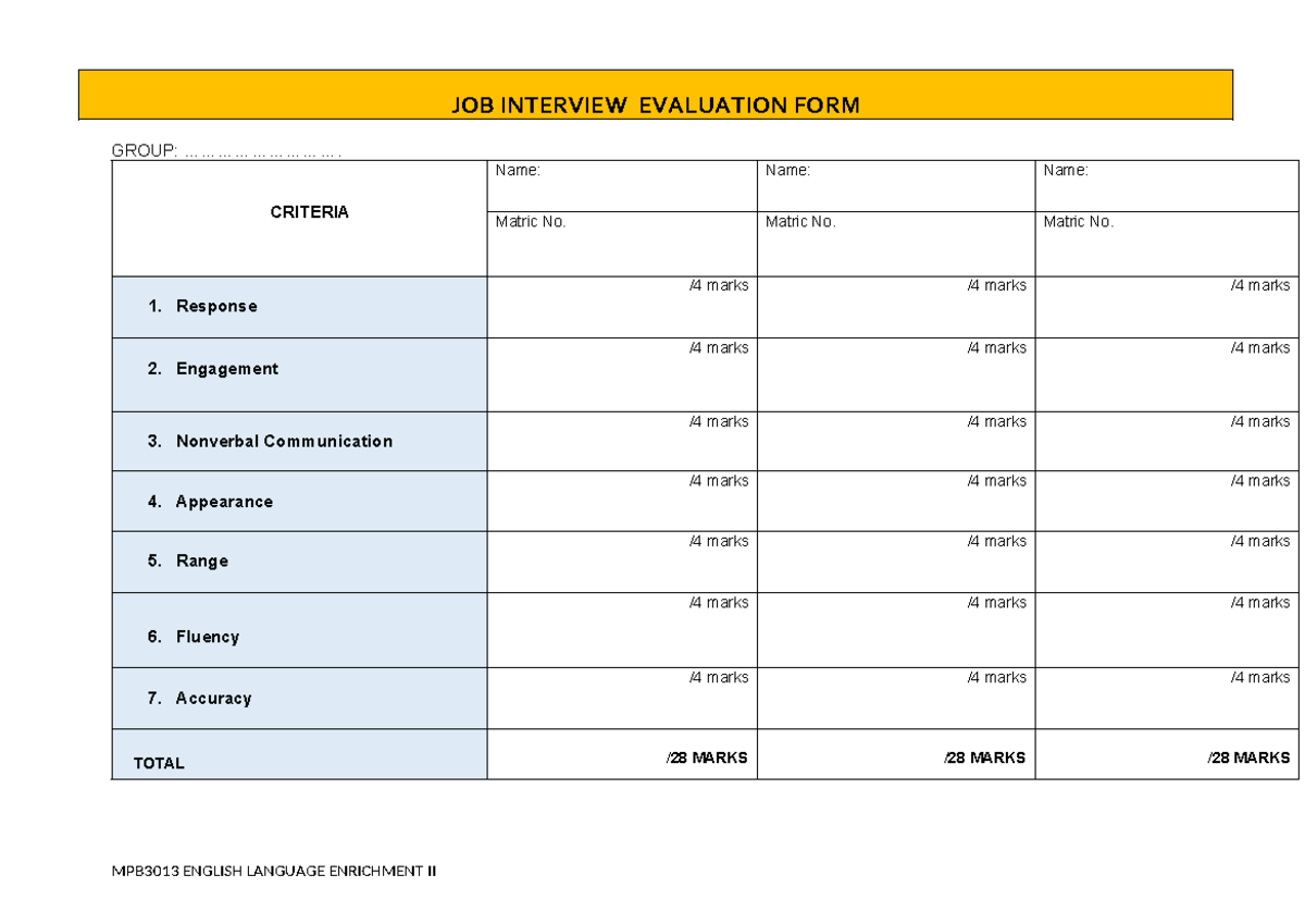 JOB Interview Evaluation FORM - JOB INTERVIEW EVALUATION FORM GROUP