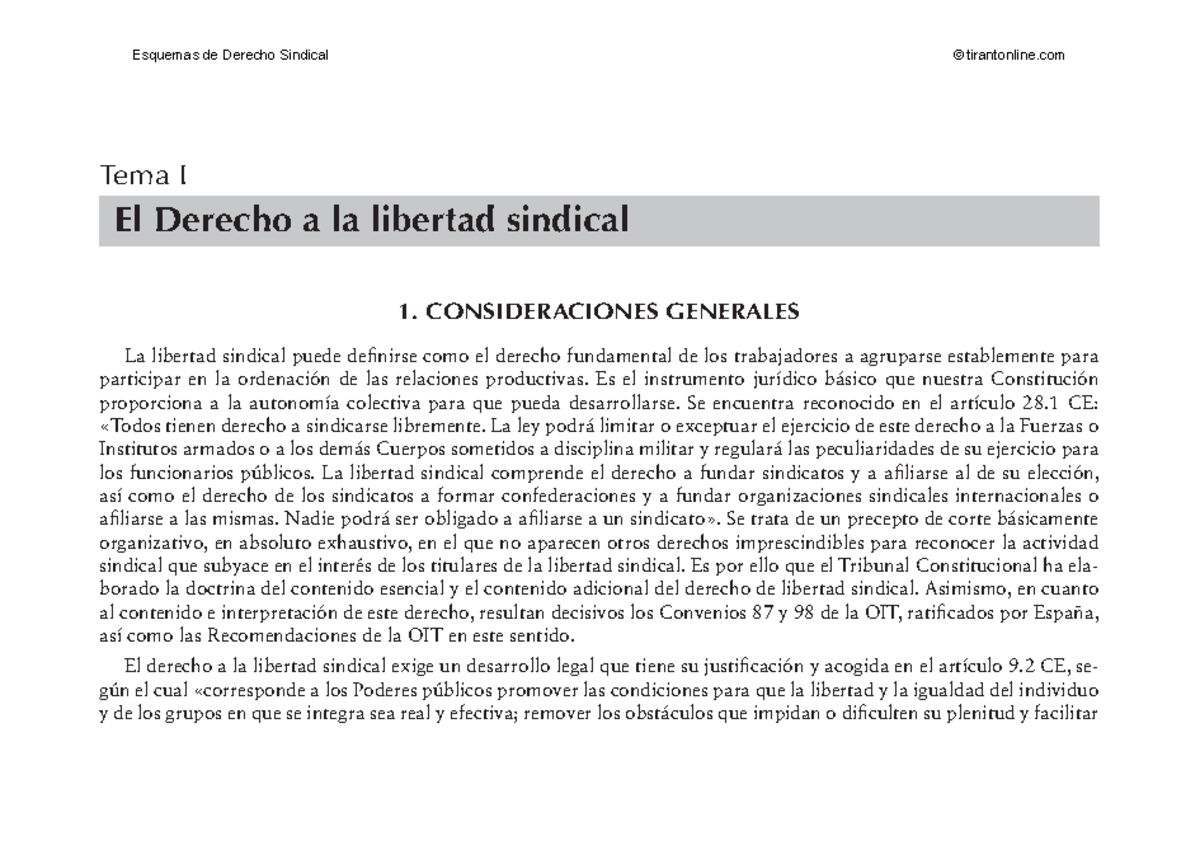 Esquemas Derecho Sindical, Mercader Uguina - Tema I El Derecho A La ...