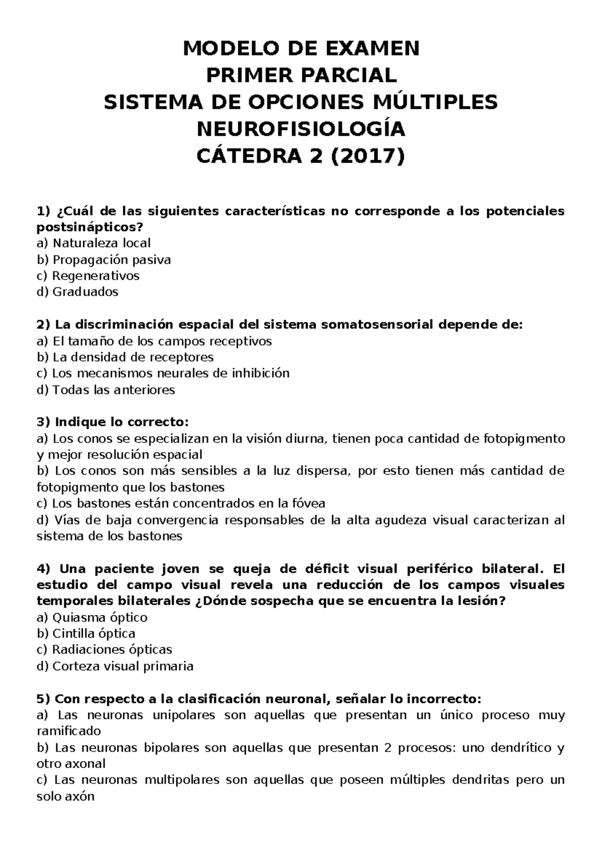 Primer Parcial - 1 Modelo de Parcial de Neurofisiología - MODELO DE ...