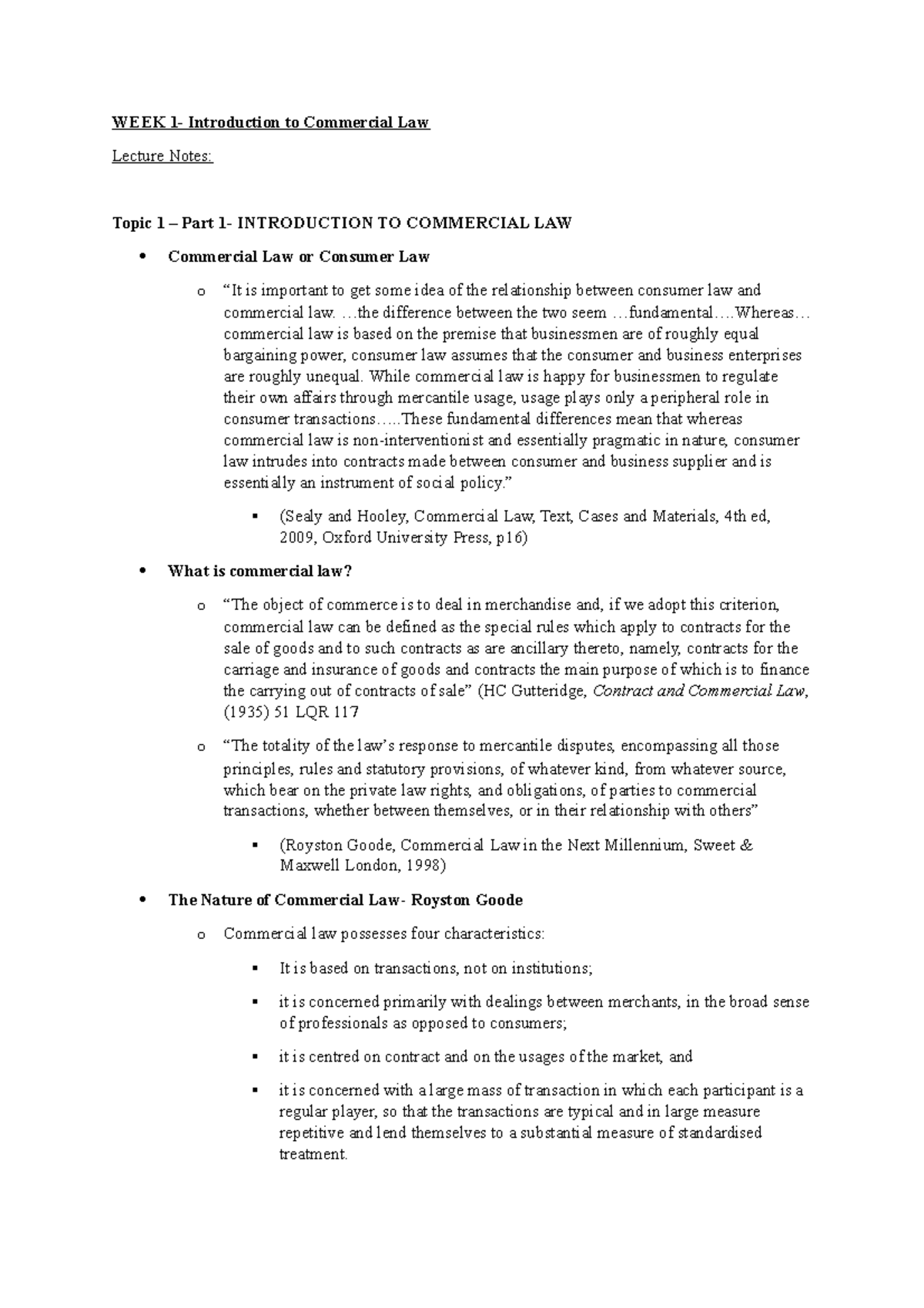 WEEK 1 Lecture Notes - WEEK 1- Introduction to Commercial Law Lecture ...