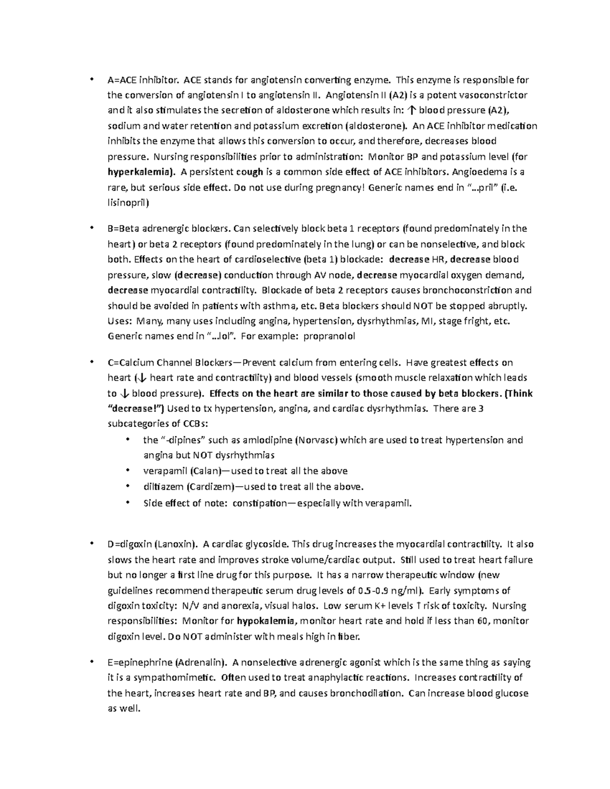 Pharmacology Alphabet-all - • A=ACE inhibitor. ACE stands for ...