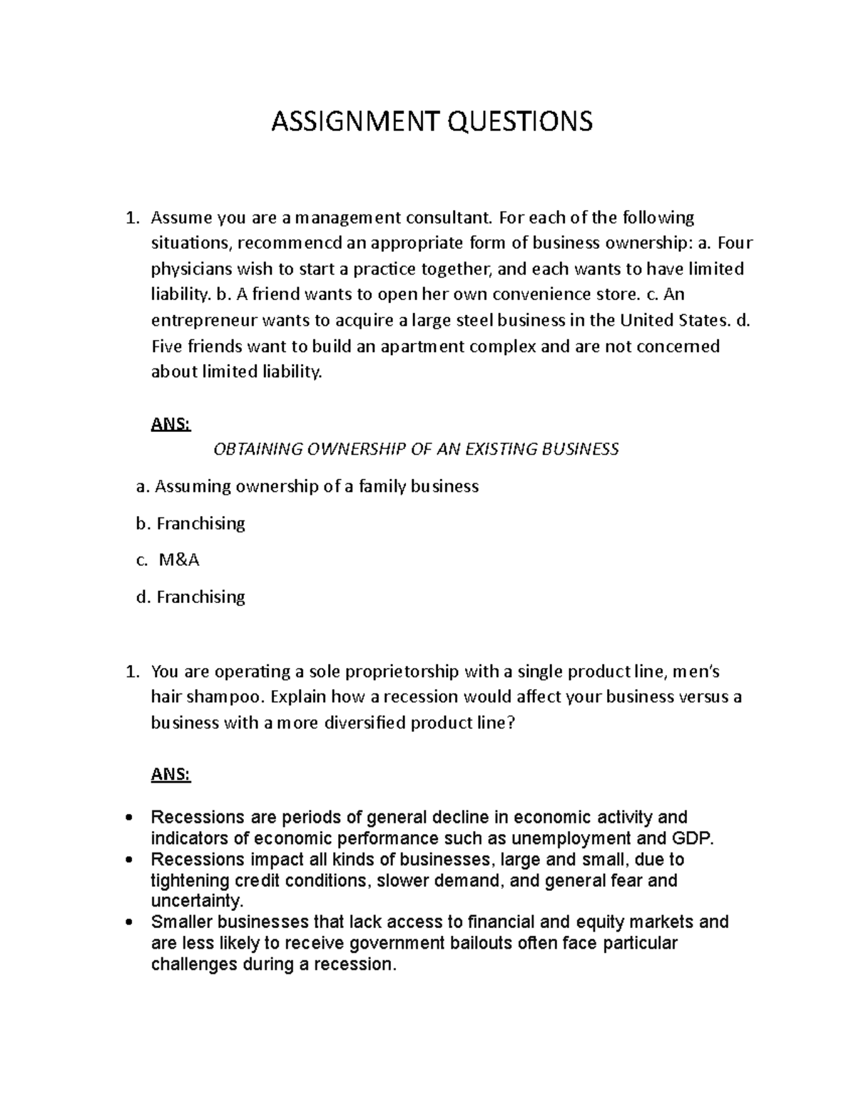 BBA lecture - Lecture notes 1,3,10 - ASSIGNMENT QUESTIONS 1. Assume you ...