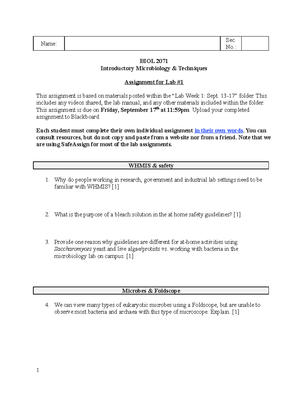 F21 Lab 1 assignment 51-56 - Name: Sec. No.: BIOL 2071 Introductory ...