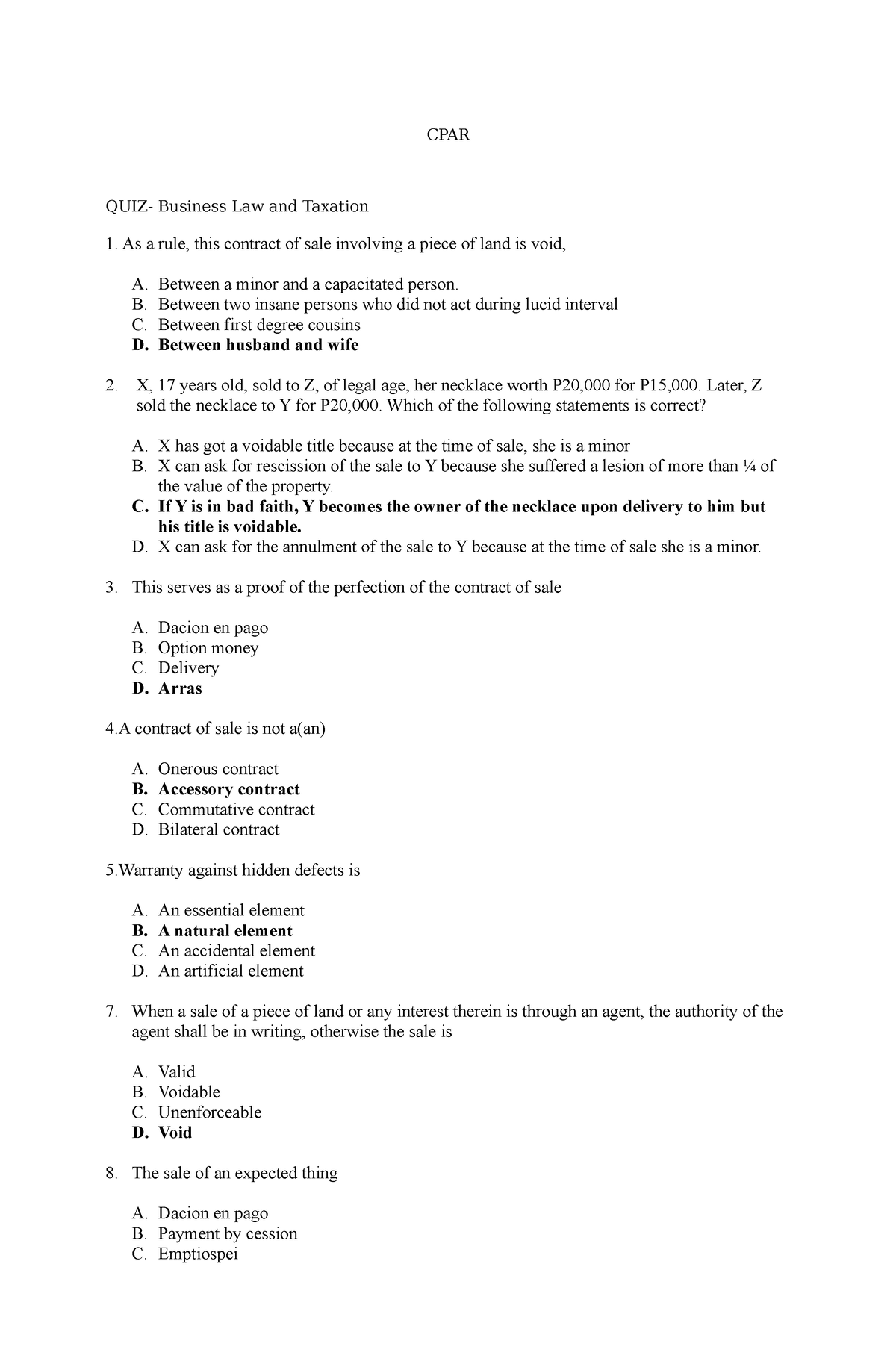 Business Law Quiz - CPAR QUIZ- Business Law And Taxation As A Rule ...