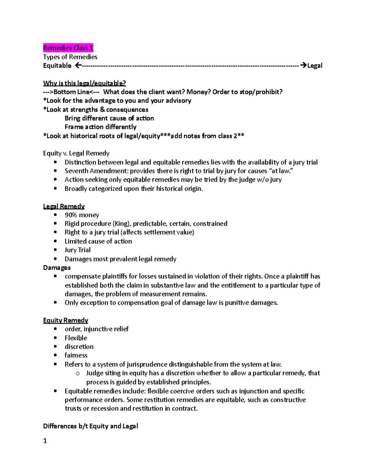 Remedies Class Lecture notes 15 Remedies Class 1 Types of Remedies