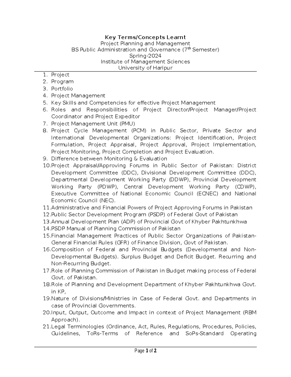 Key Terms Learnt in Project Management Key Terms/Concepts Learnt Project Planning and