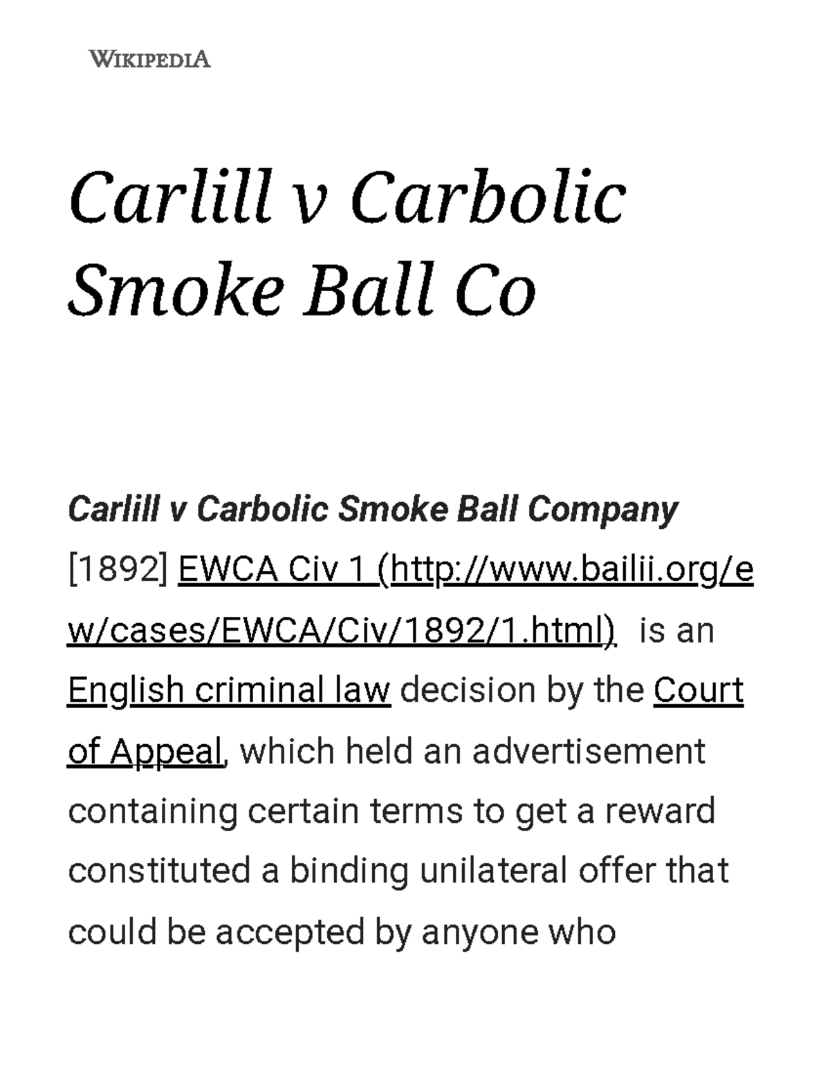 Carlill v Carbolic Smoke Ball Co - Wikipedia - Carlill v Carbolic Smoke ...