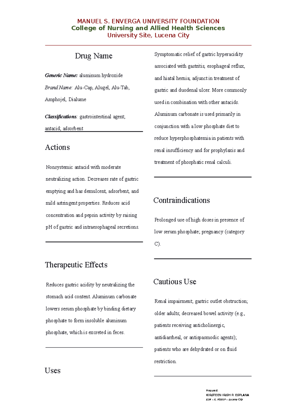 Aluminum hydroxide DRUG Study MANUEL S. ENVERGA UNIVERSITY