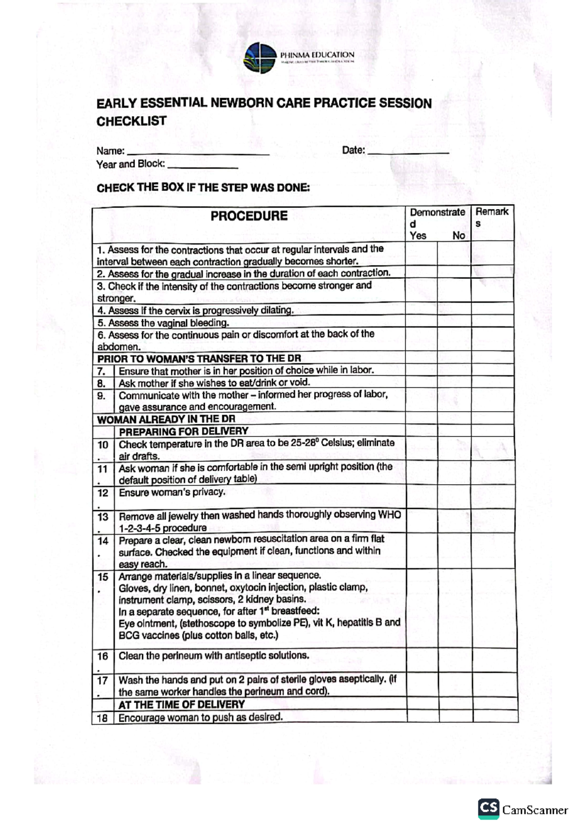 Checklist......... - PHINMA EDUCATION EARLY ESSENTIAL NEWBORN CARE ...