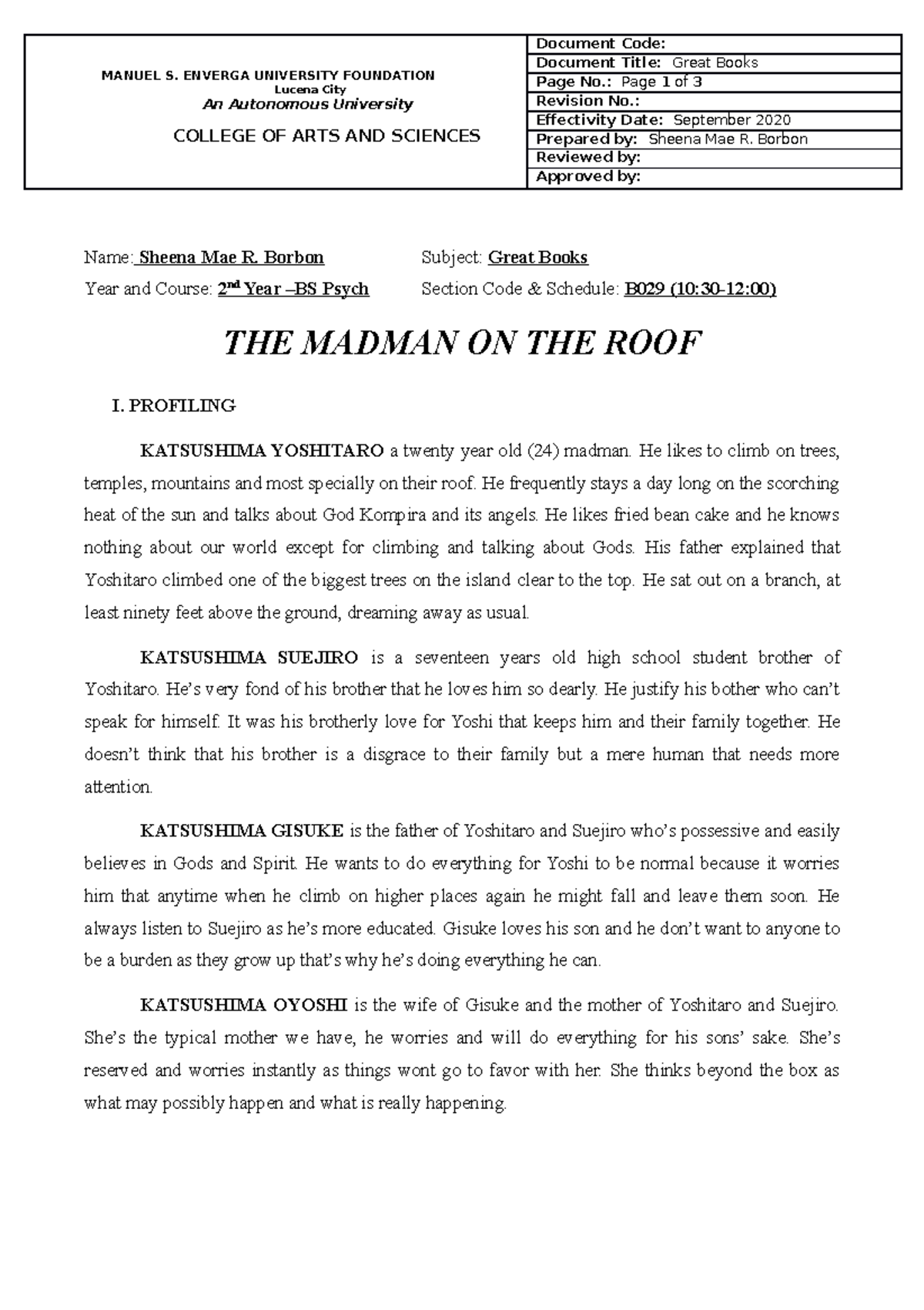 Borbon Sheena Mae R Madman On The Roof Name Sheena Mae R Borbon 