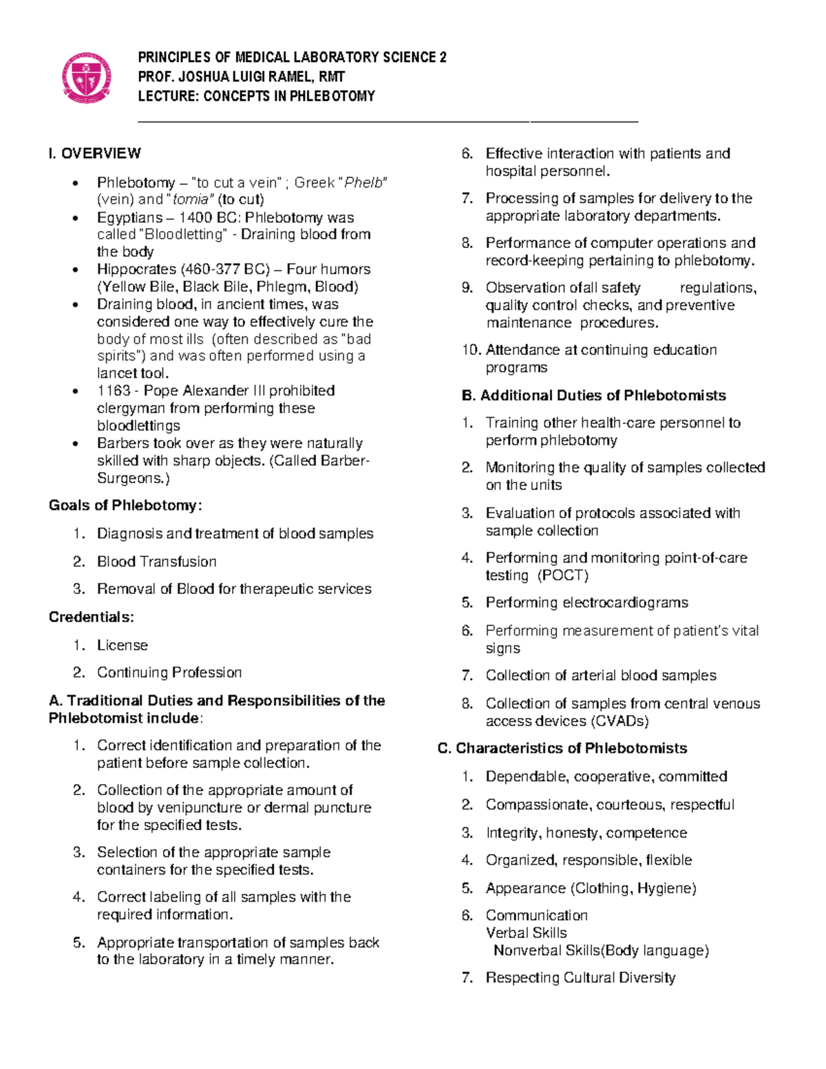 2 concepts in phlebotomy LEC - PROF. JOSHUA LUIGI RAMEL, RMT LECTURE ...