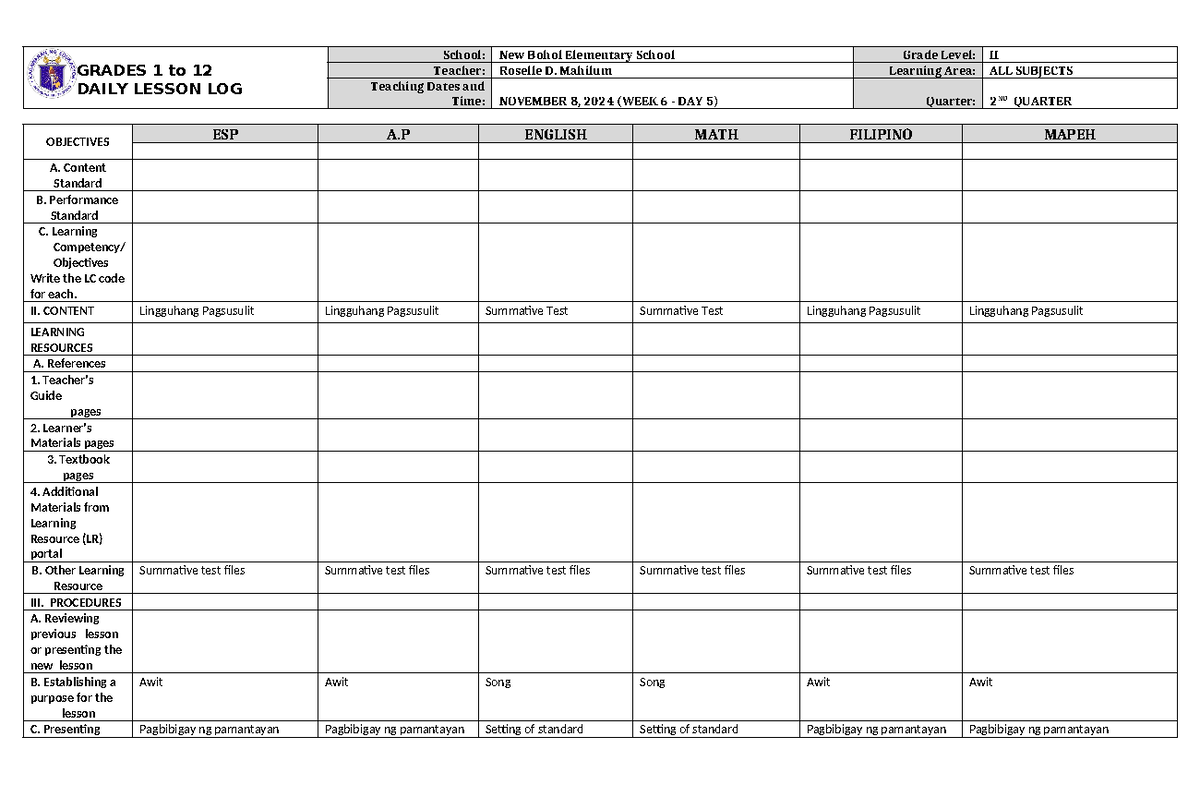 DLL ALL Subjects 2 Q2 W6 D5 - GRADES 1 to 12 DAILY LESSON LOG School ...