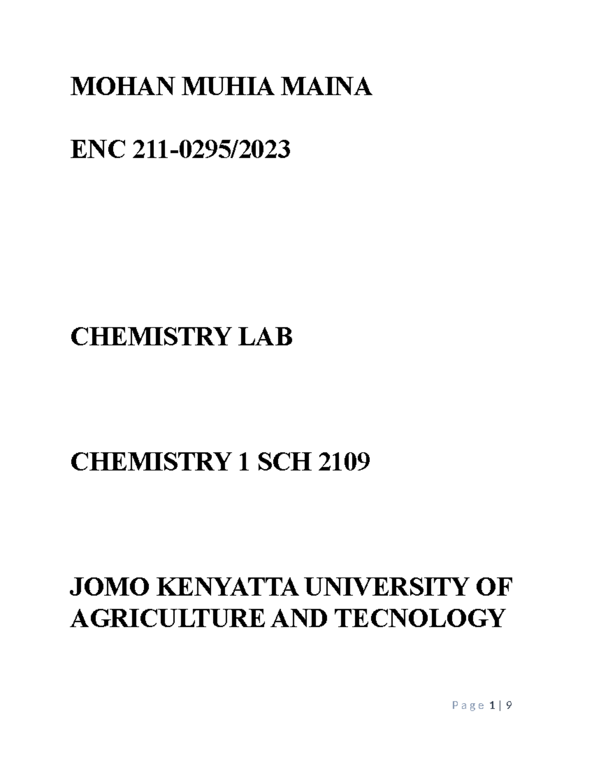 Chem exp. 2 - Chemistry report - MOHAN MUHIA MAINA ENC 211-0295 ...