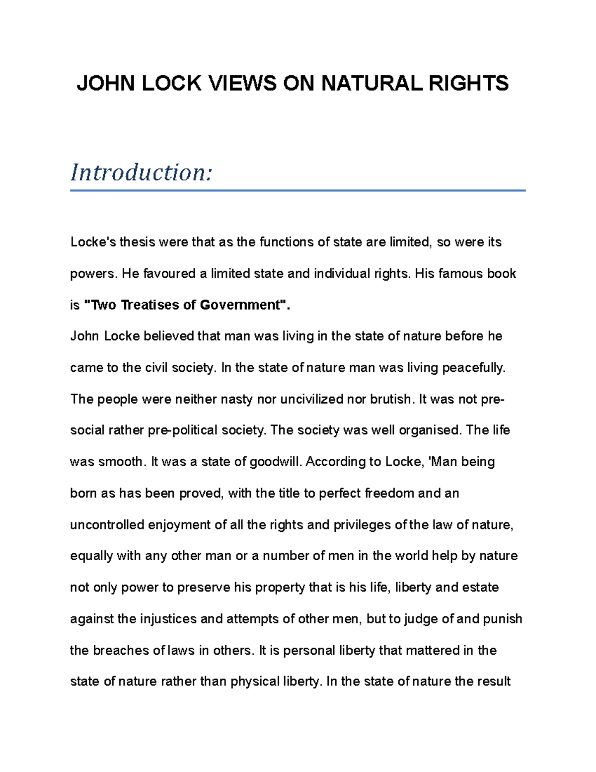 JOHN LOCK Views ON Natural Rights - JOHN LOCK VIEWS ON NATURAL RIGHTS ...