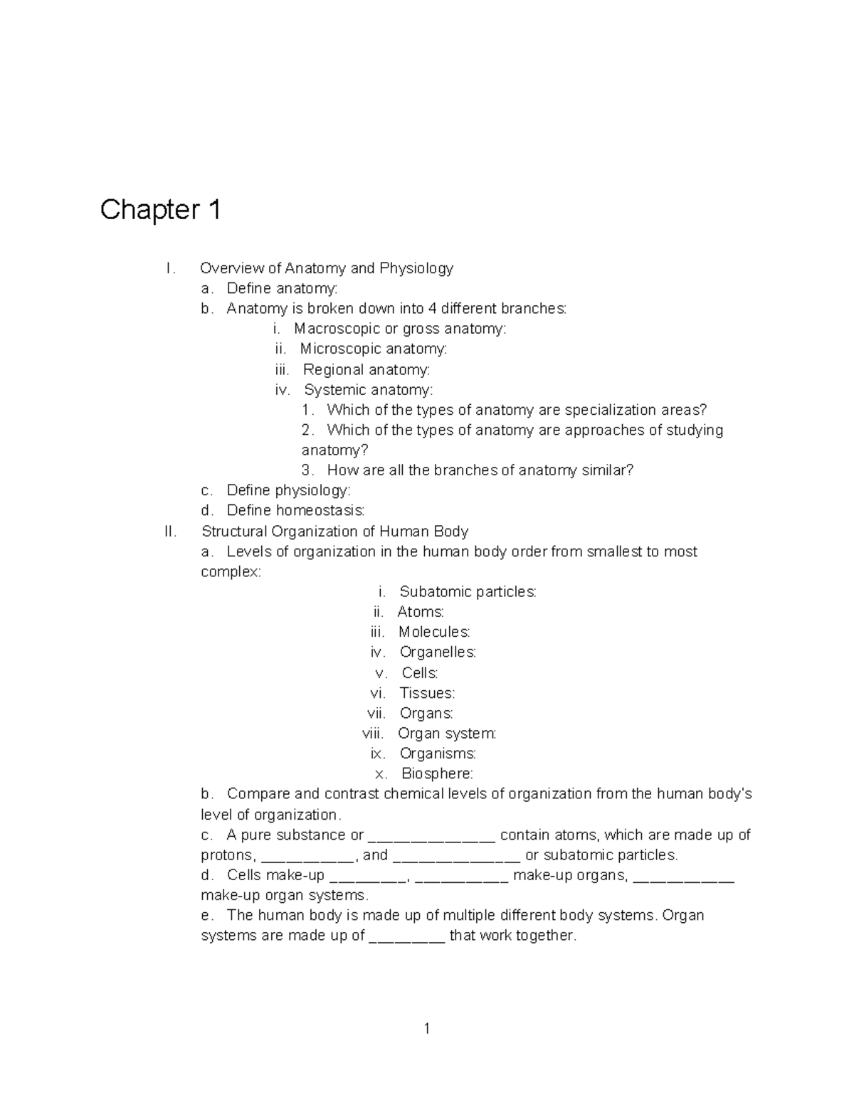Guided Lecture Notes Chapter 1 Intro to the Human Body - Chapter 1 I ...
