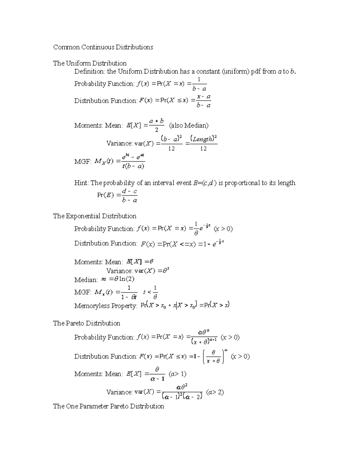 Continuous Distributions - 1 a a Distribution Function: F ( x) X x) a ...