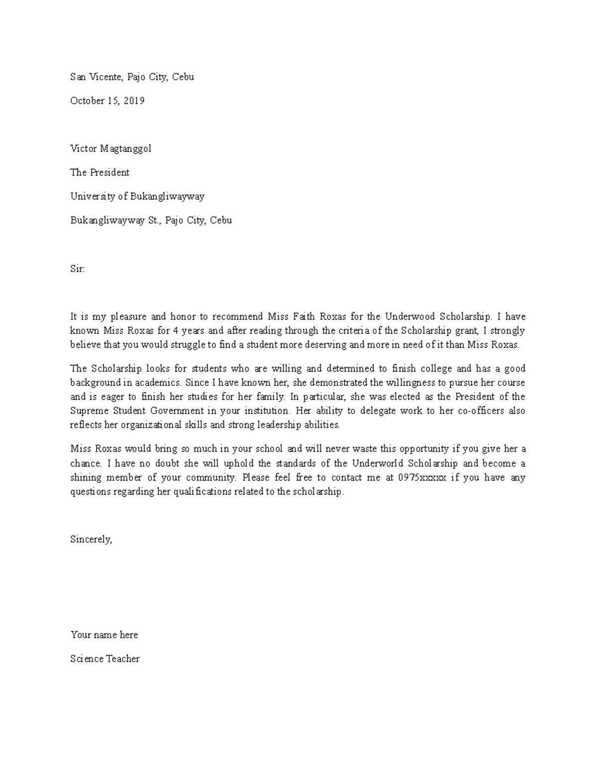 Letter of Recommendation Sample for students and teachers - San Vicente ...