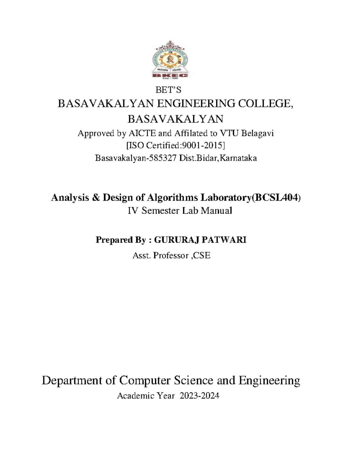 Ada lab Manual(BCSL404) - BET’S BASAVAKALYAN ENGINEERING COLLEGE ...