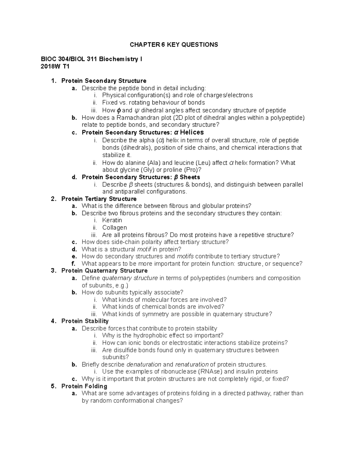 Biochemistry+Ch+6+Key+Concepts - CHAPTER 6 KEY QUESTIONS BIOC 304/BIOL ...