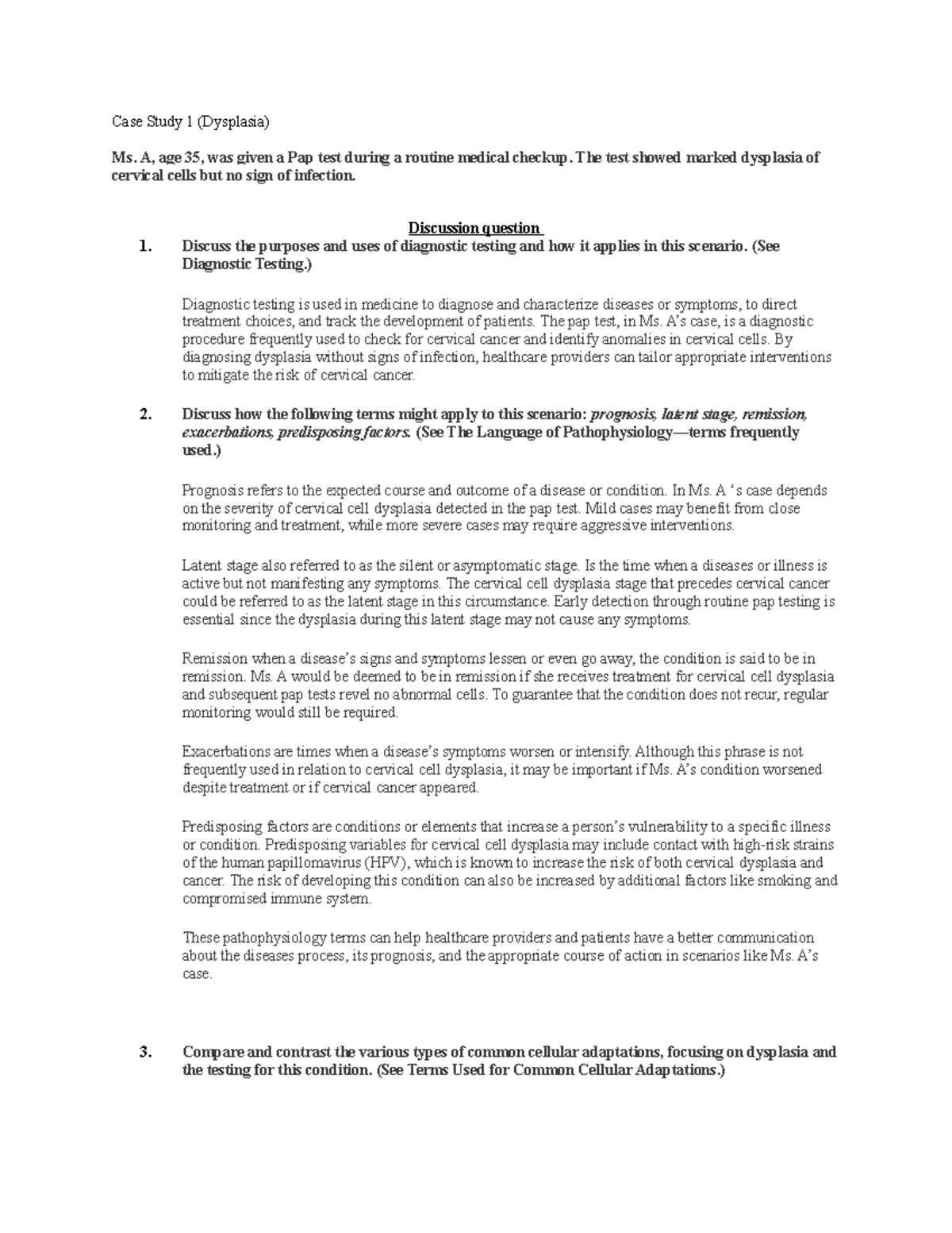 Case Study 1 - Case Study 1 (dysplasia) Ms. A, Age 35, Was Given A Pap 